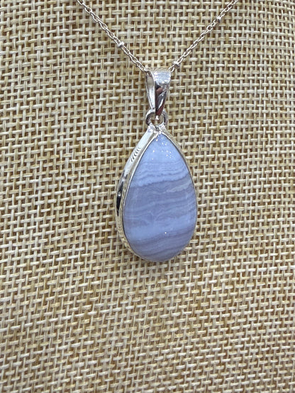 Blue Lace Agate Sterling Silver (92.5) Pendant Teardrop – 27x16 mm Crystal Wellness