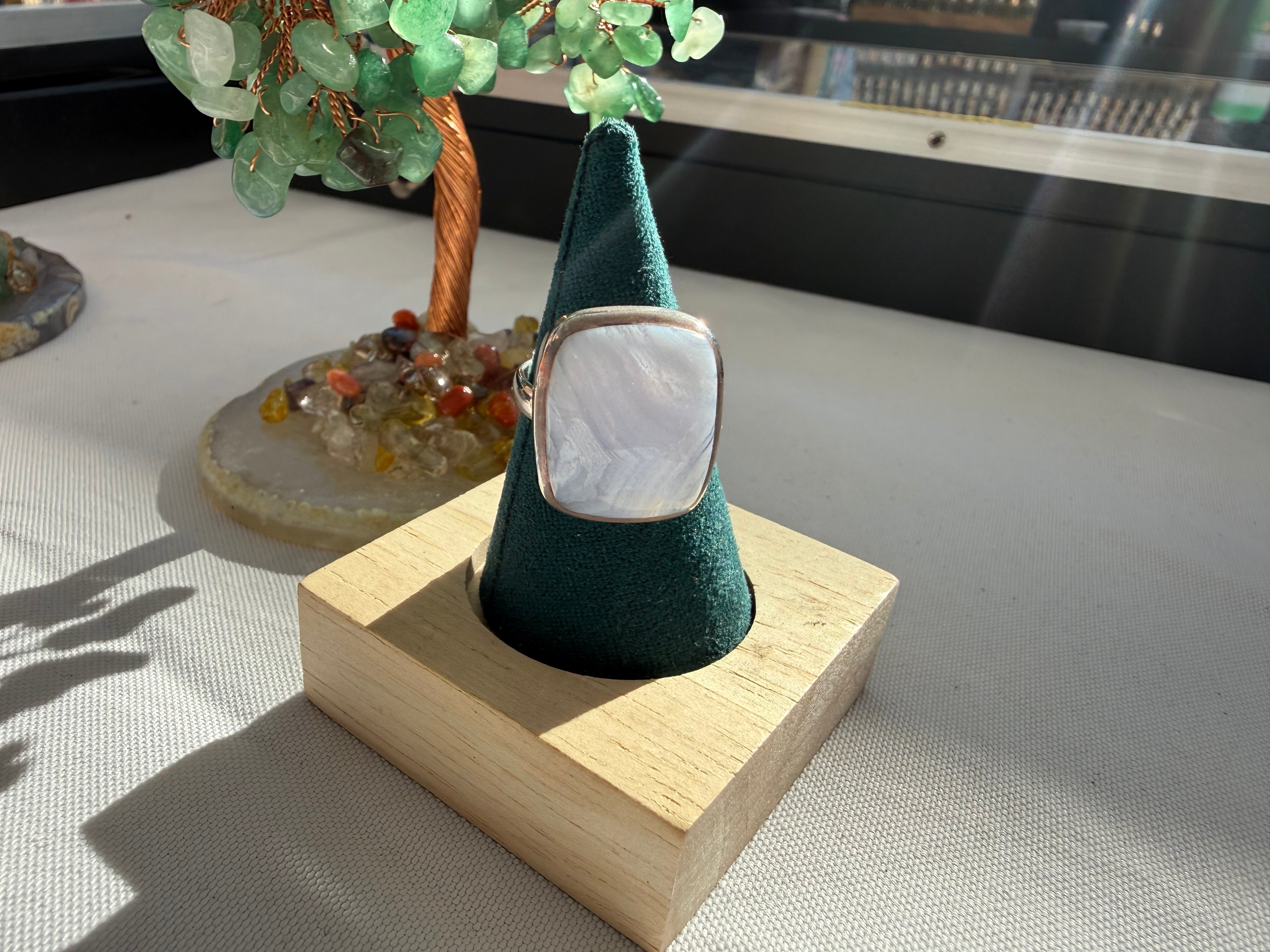 Blue Lace Agate Ring, 7.5 adjustable – Peace, Gentle Communication & Inner Harmony Crystal Wellness