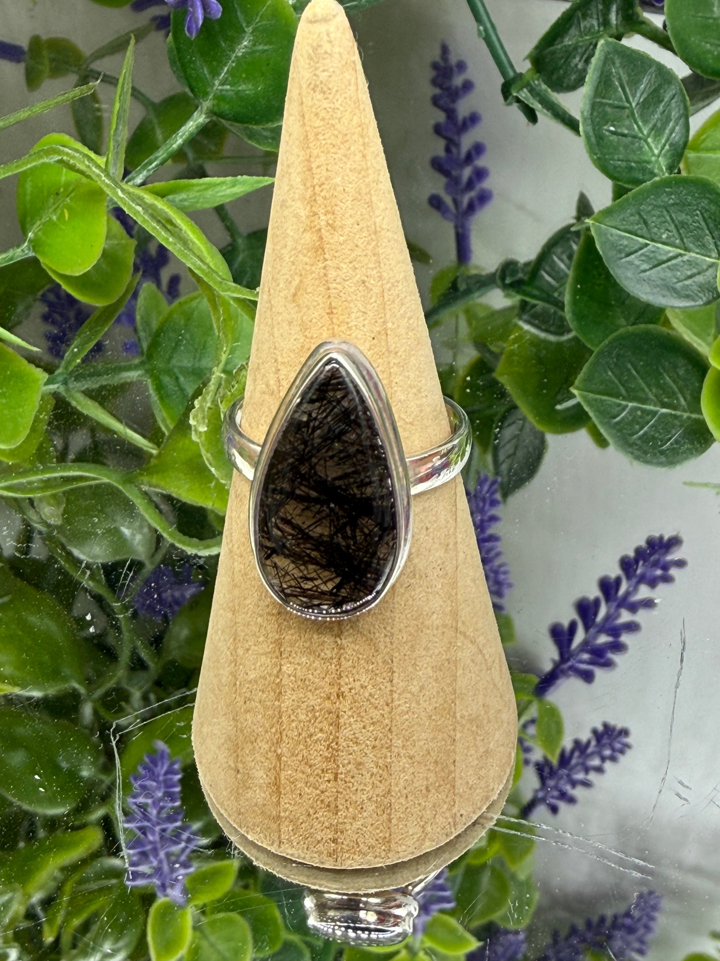 🖤 Black Rutilated Quartz Ring — Grounding, Protection & Inner Strength, size 8 Crystal Wellness