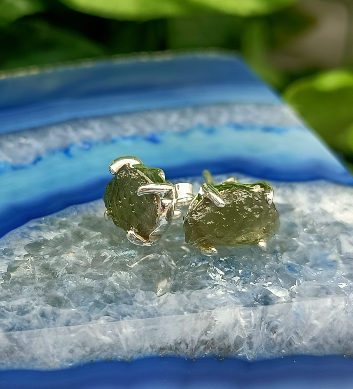Authentic Moldavite 925 Sterling Silver Stud 6X4mm Crystal Wellness