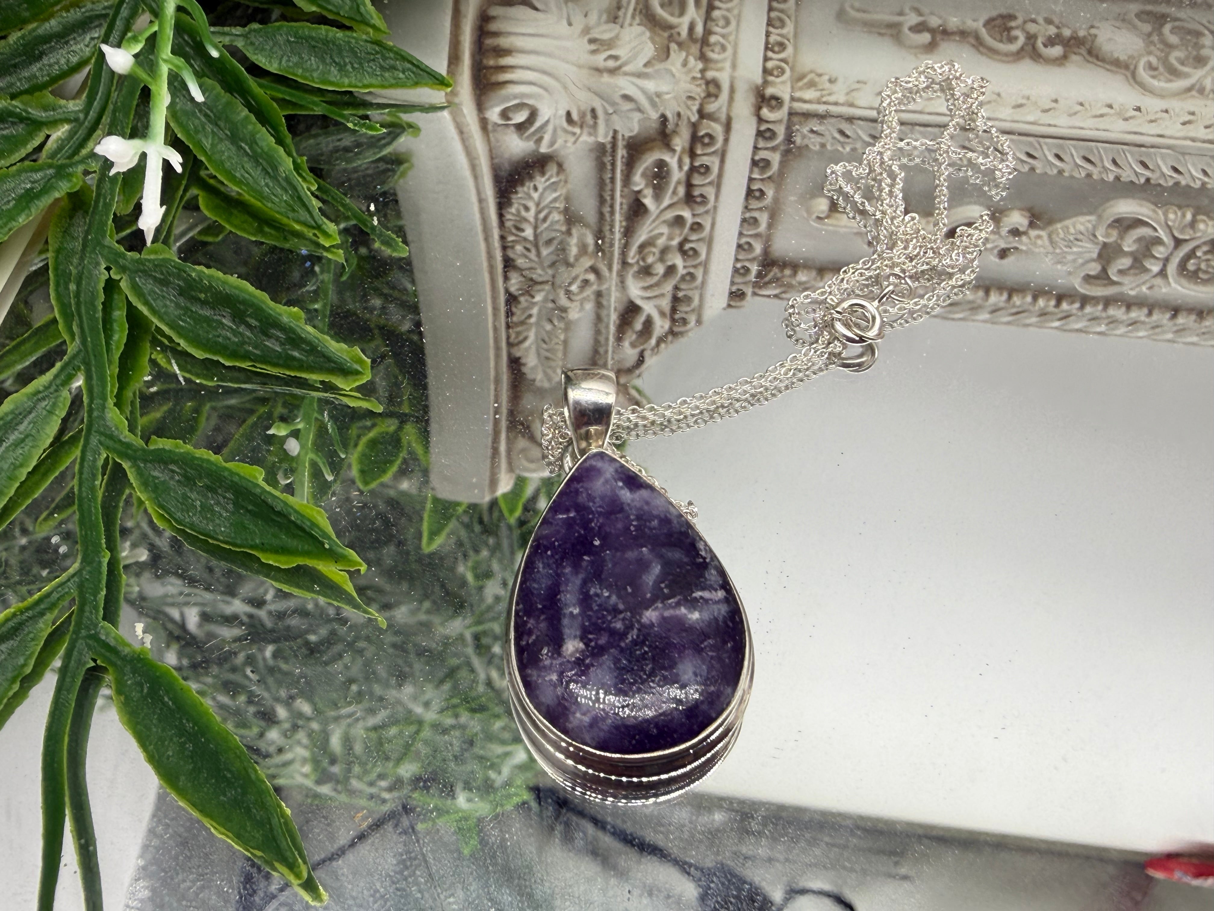 Lepidolite Sterling Silver (92.5) Pendant – 27x21mm Crystal Wellness