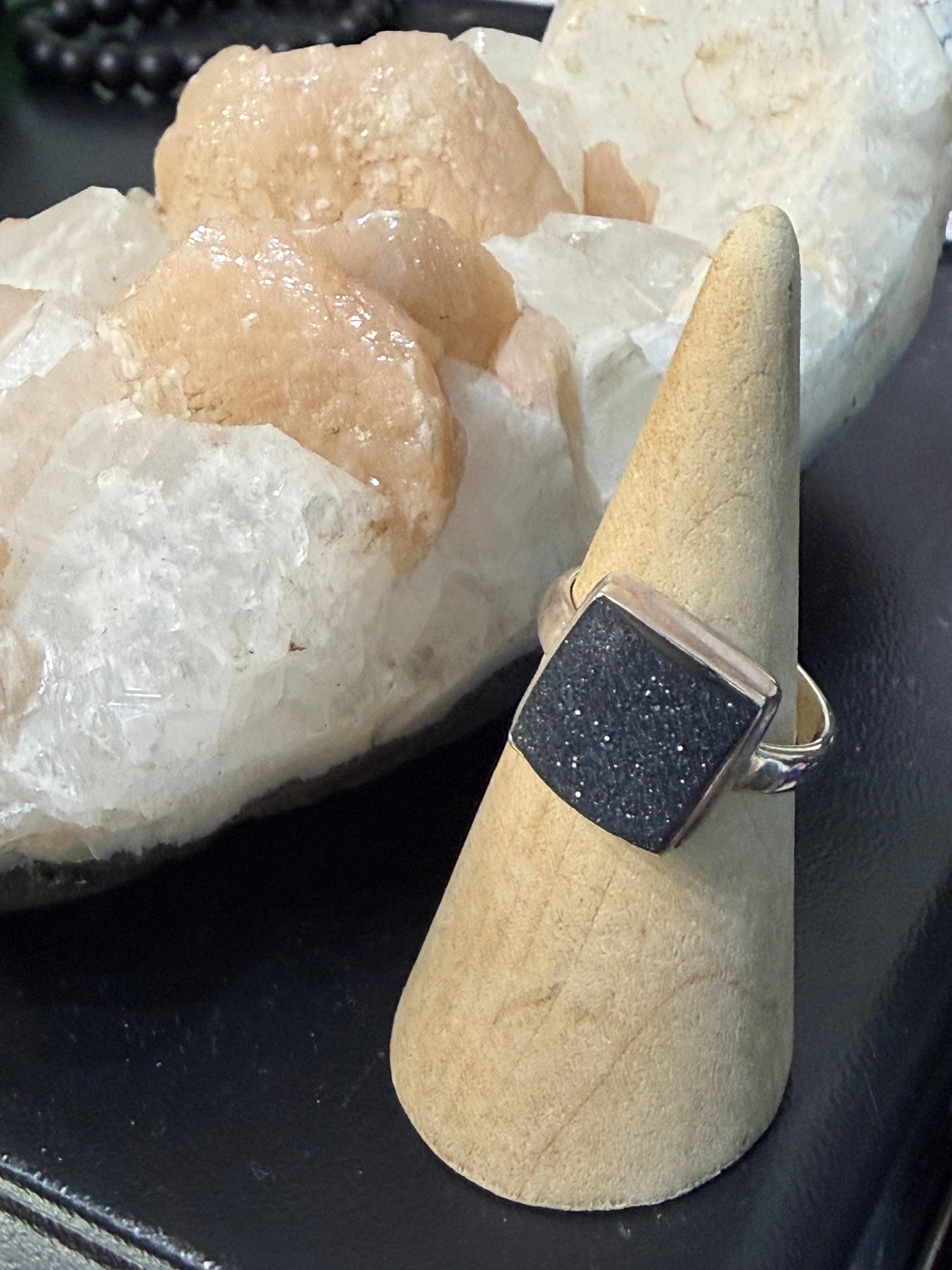 Black Onyx Druzy Ring, size 9  — Stone of Protection, Strength & Inner Radiance Crystal Wellness
