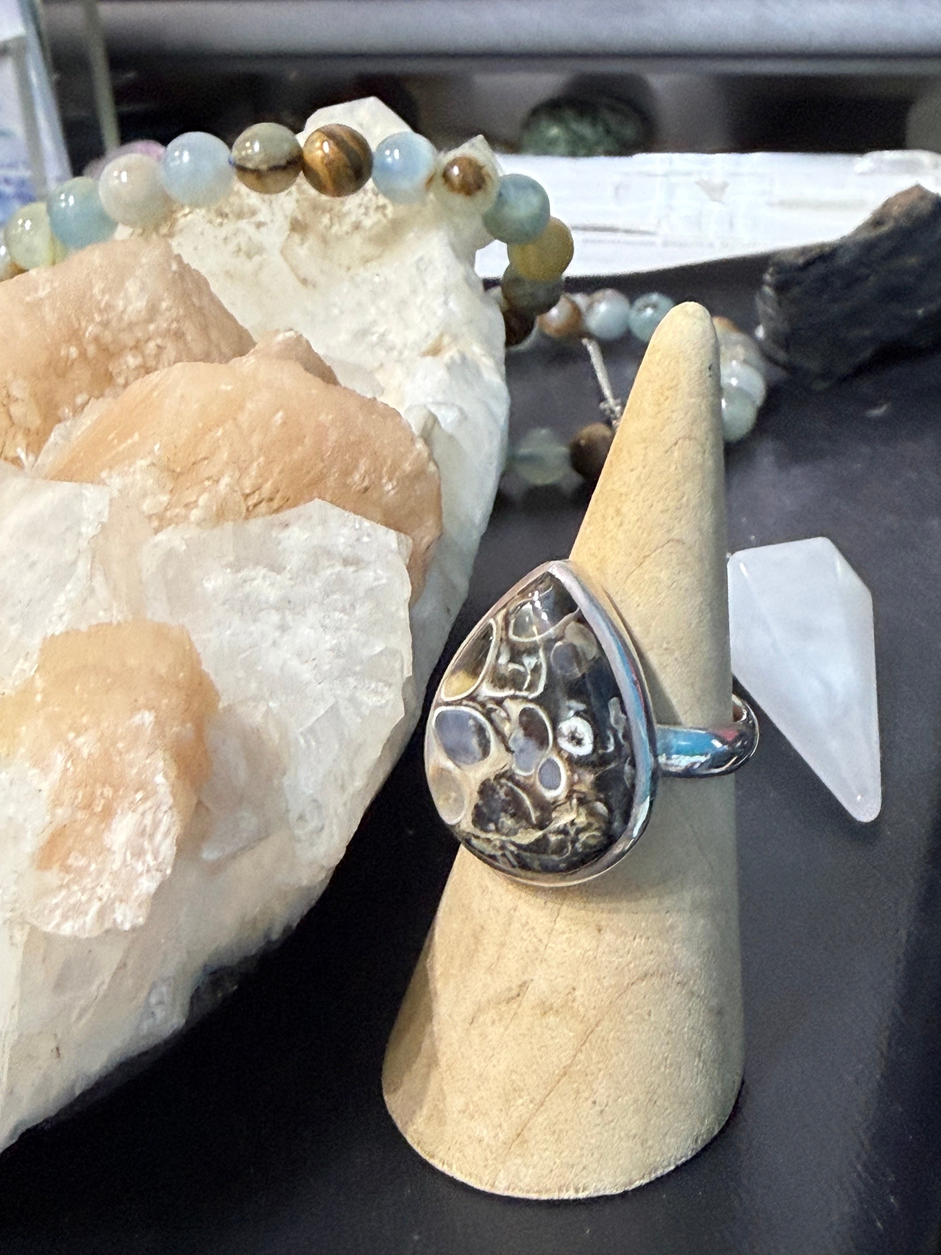 Turtella Jasper Ring, size 8

A whisper of ancient earth and ocean, Turtella Jasper carries the fossilized memory of life itself. Crystal Wellness