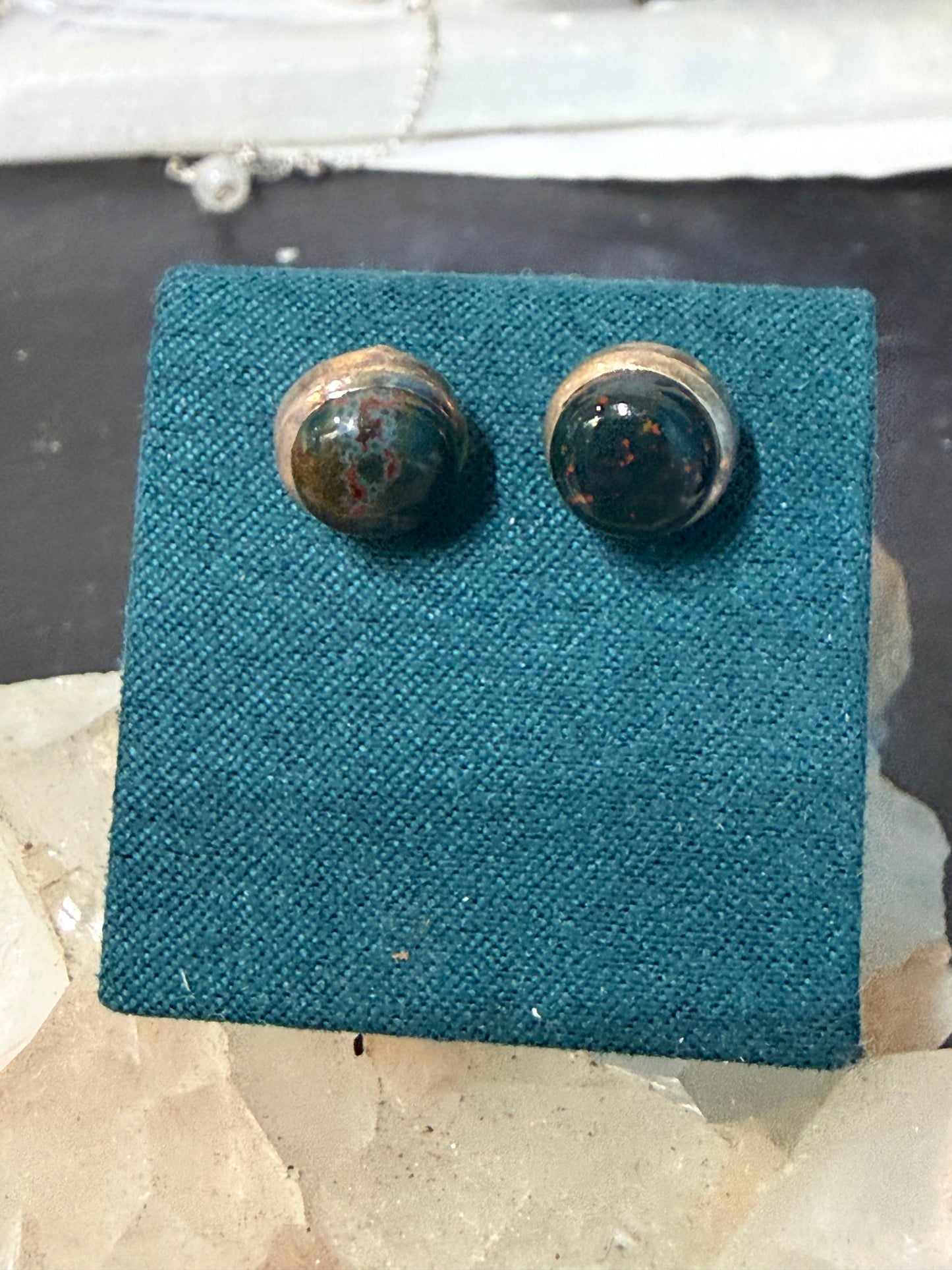 Bloodstone Stud Earrings – Courage, Vitality & Grounded Strength, 10mmx10mm Crystal Wellness
