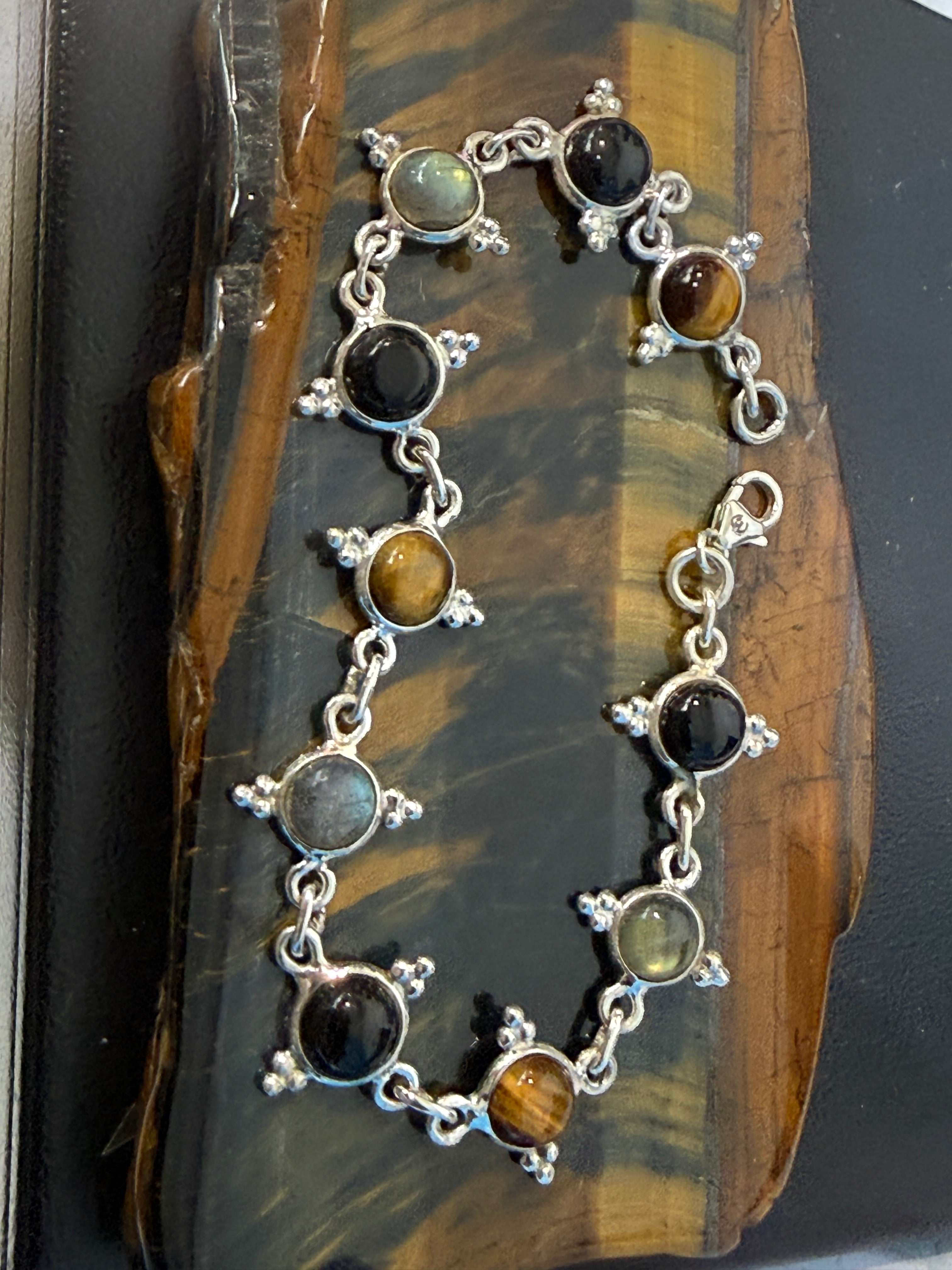 Black Onyx, Labradorite & Golden Tiger Eye Silver Bracelet, 29cm

Ground • Protect • Awaken Your Inner Power Crystal Wellness