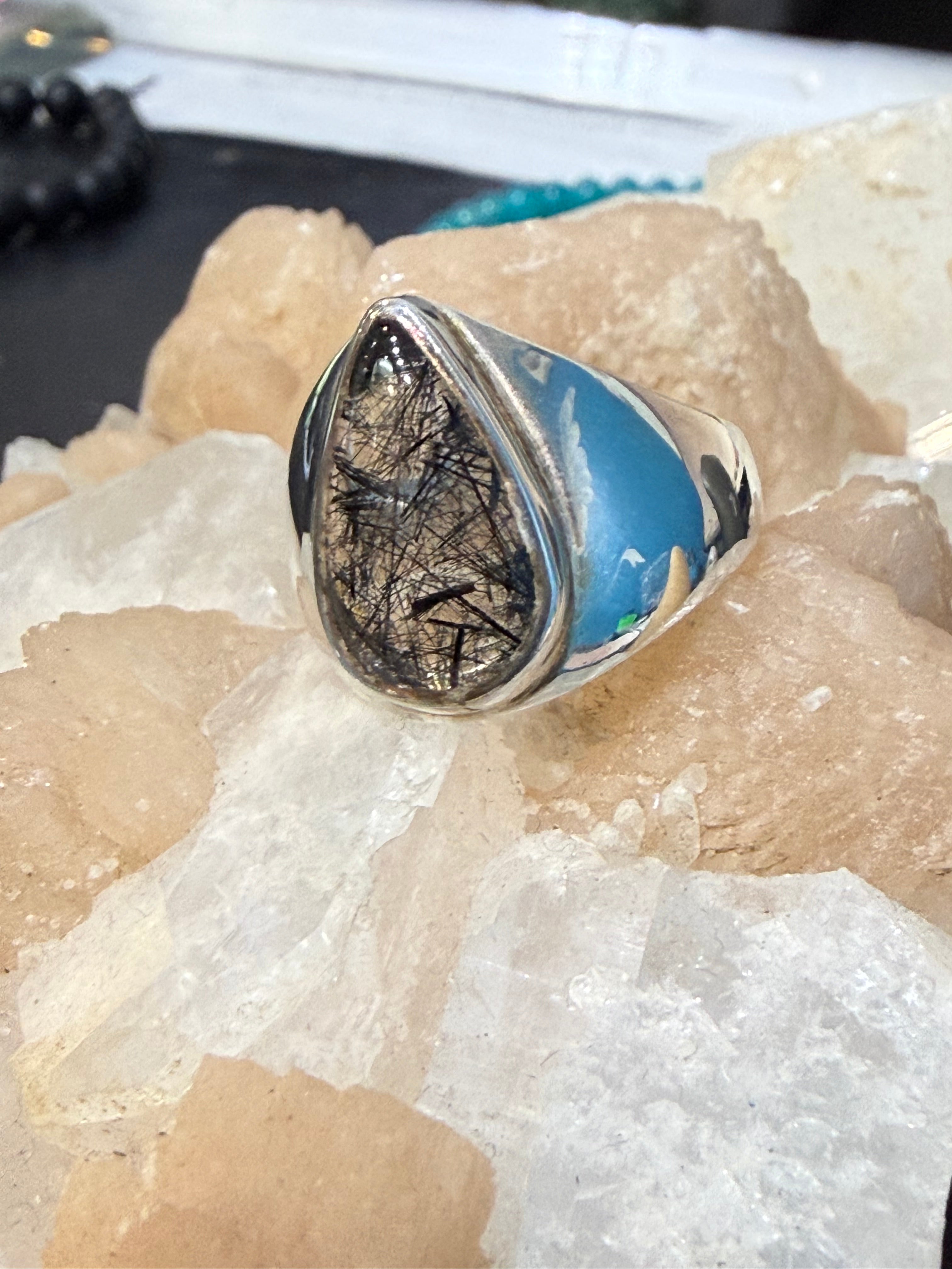 Black Rutilated Quartz Ring, size 8.5 — Stone of Protection, Strength & Transformation Crystal Wellness