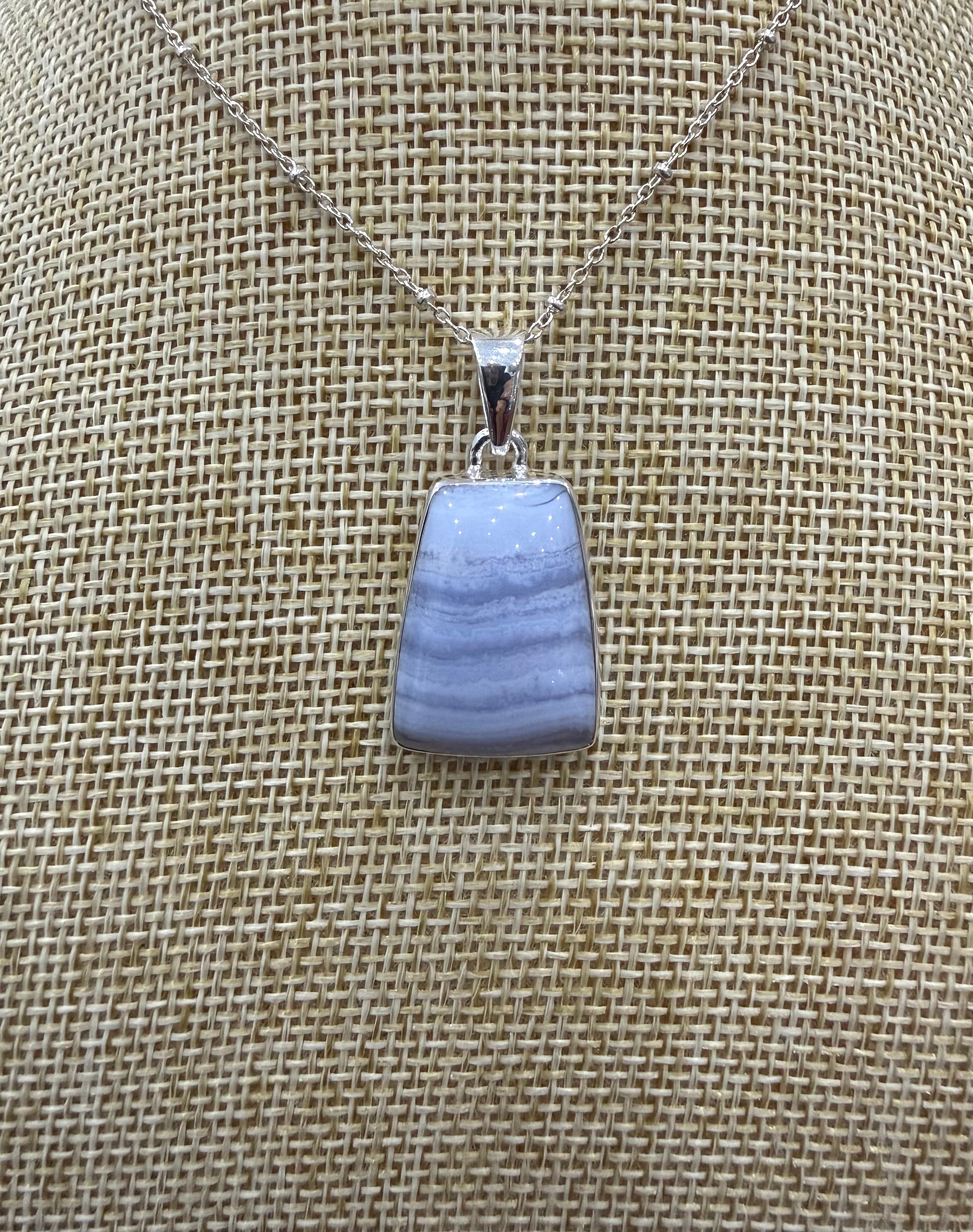 Blue Lace Agate Sterling Silver (92.5) Pendant Tabular Shape – 22x16mm Crystal Wellness
