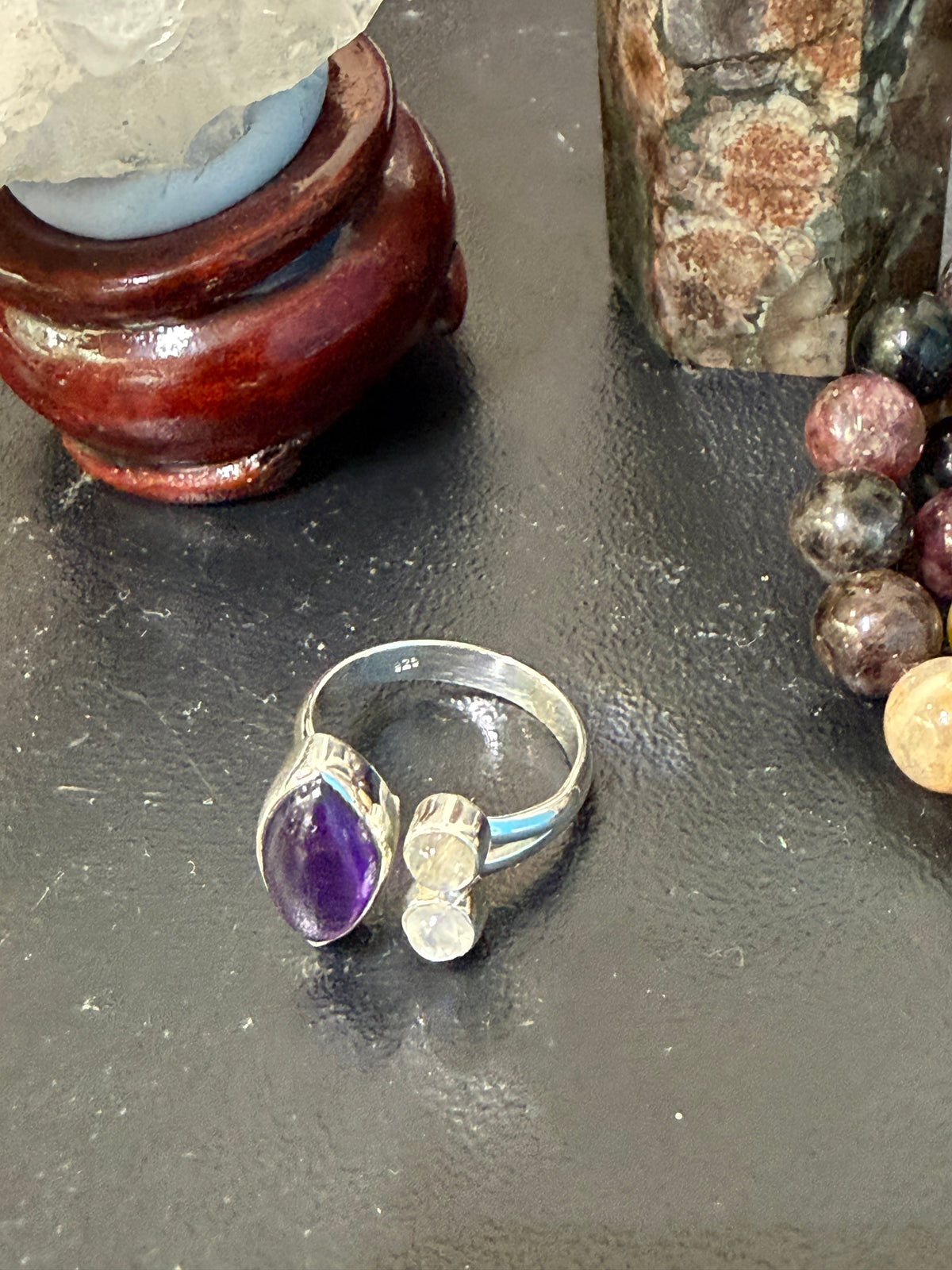 Amethyst & Moonstone Ring
Stone of Intuition, Inner Peace & Divine Feminine Energy, size 7 Crystal Wellness