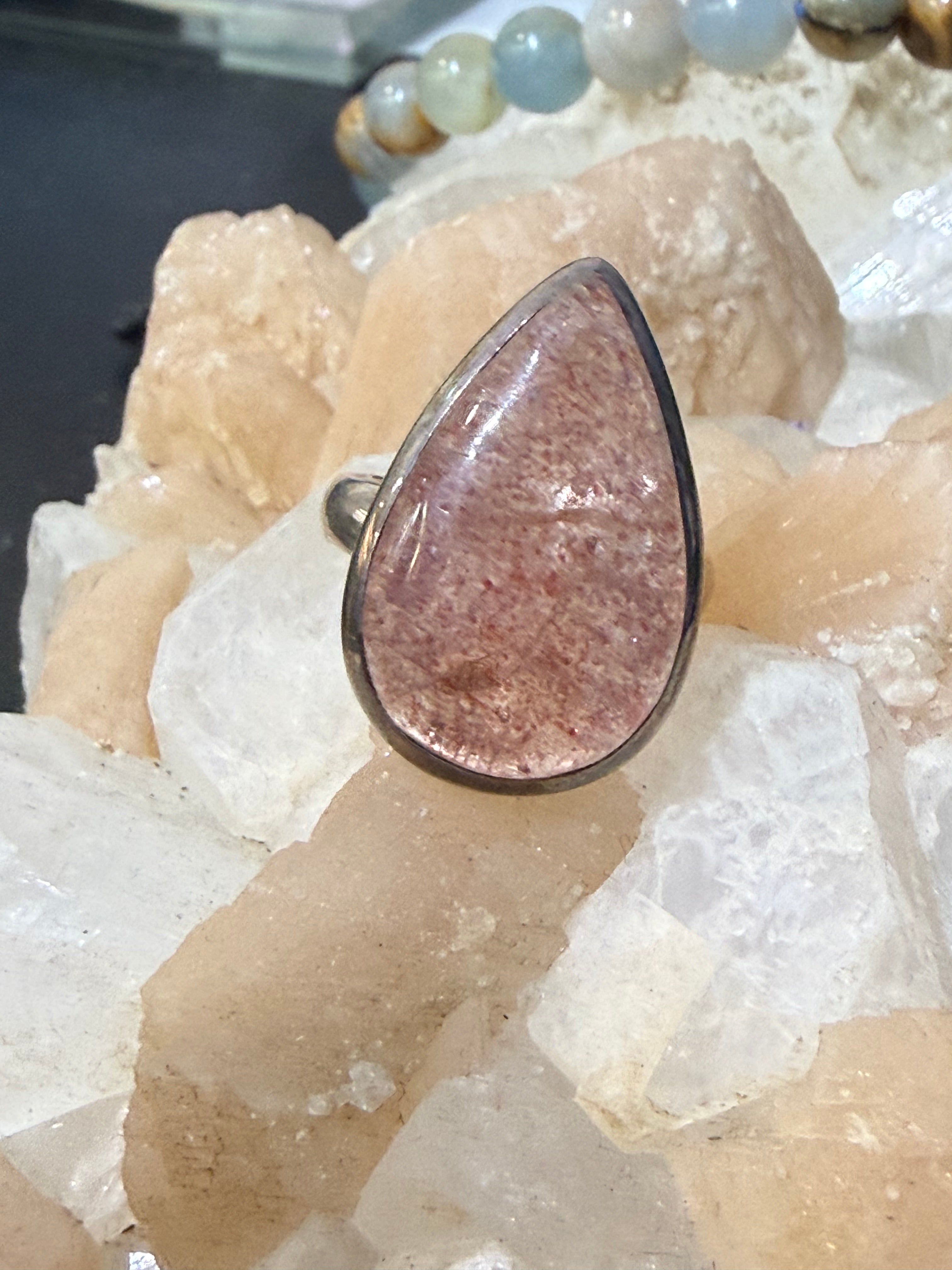 Strawberry Quartz Teardrop Ring – 925 Sterling Silver (Size 7 & 6) Crystal Wellness
