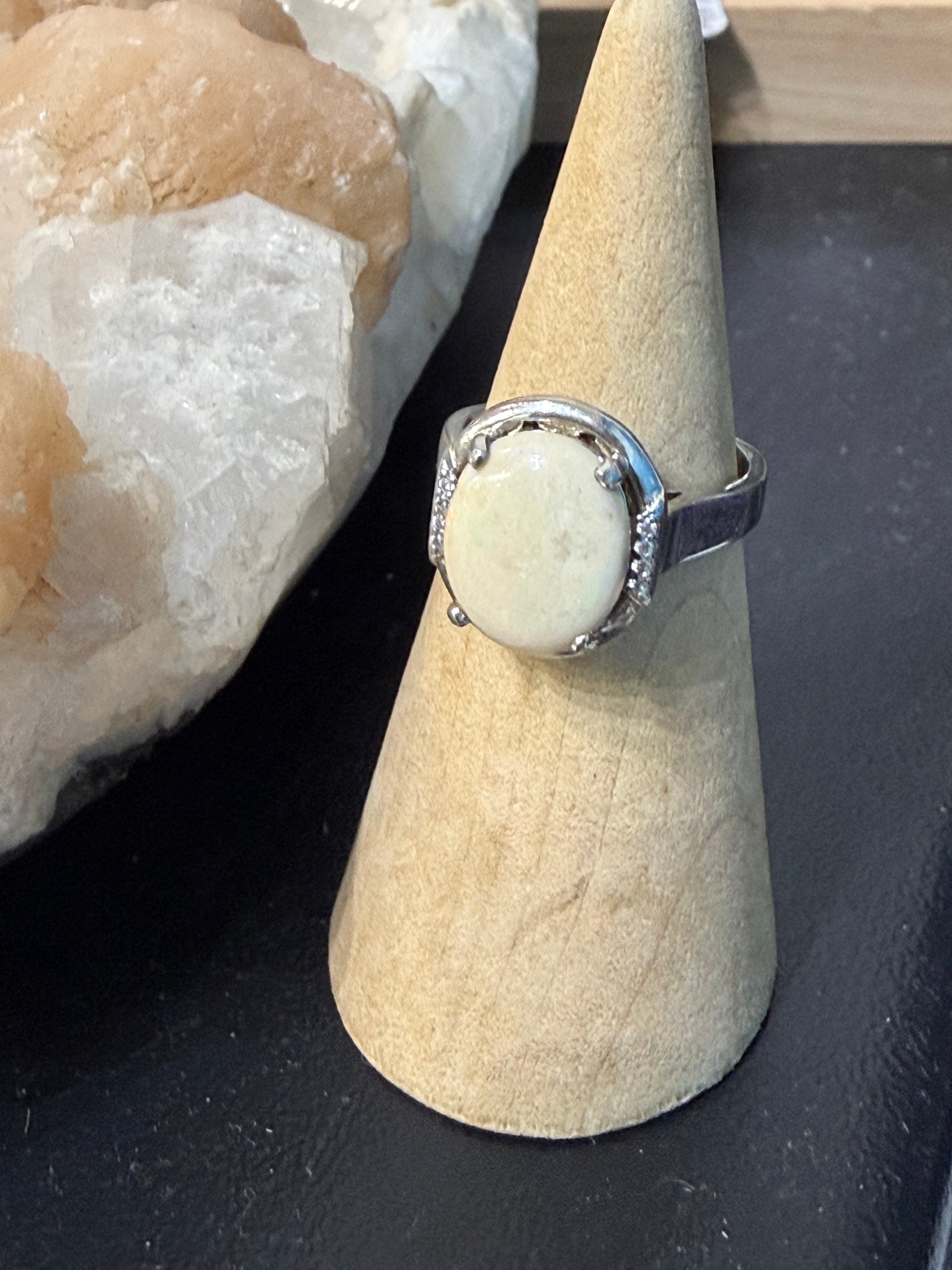 Australian Opal & Zircon Ring, size 6.5 – Light Within the Flame Crystal Wellness
