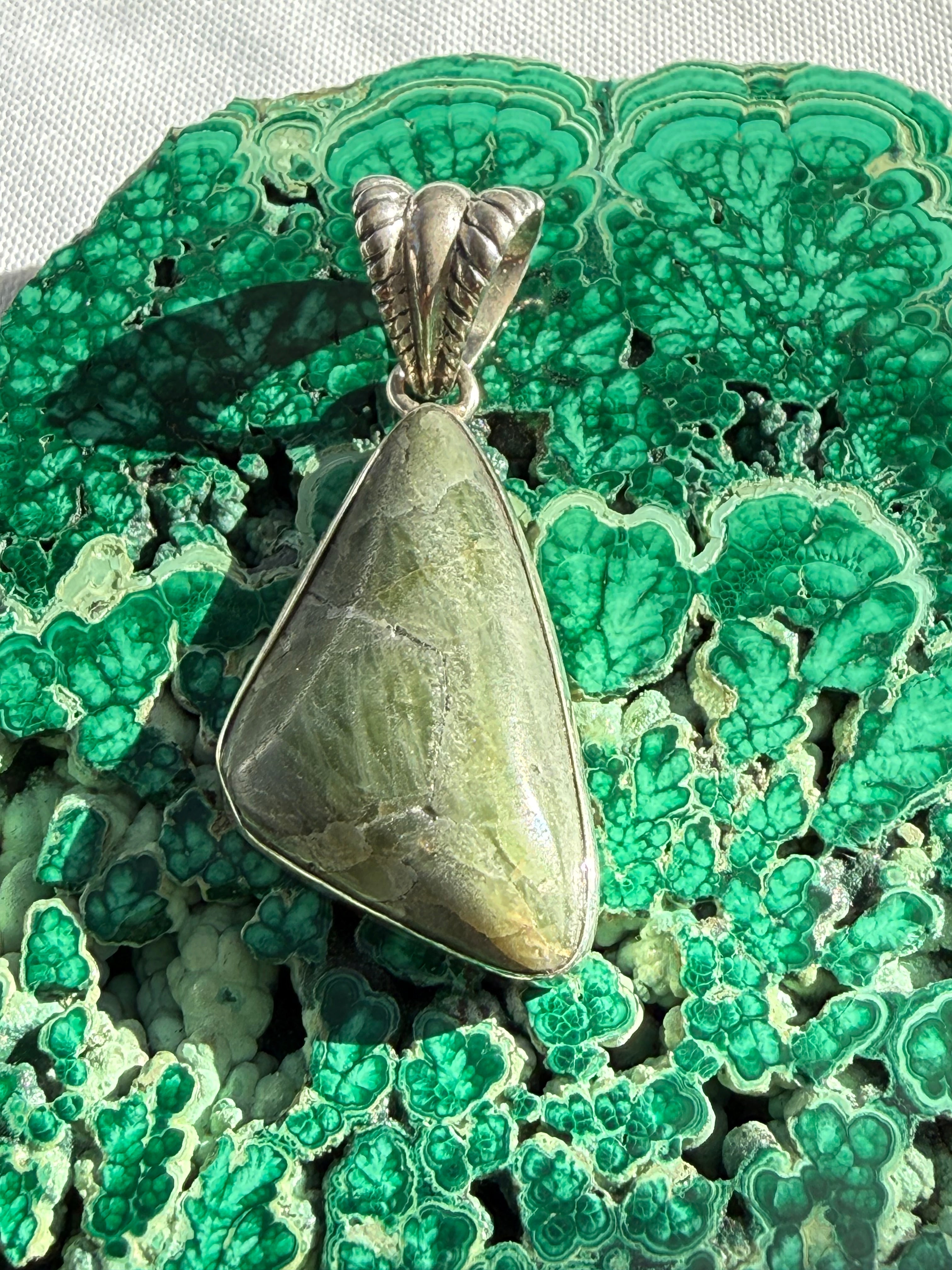 Verdant Light Peridot Silver Pendant 35mmx19mm Crystal Wellness