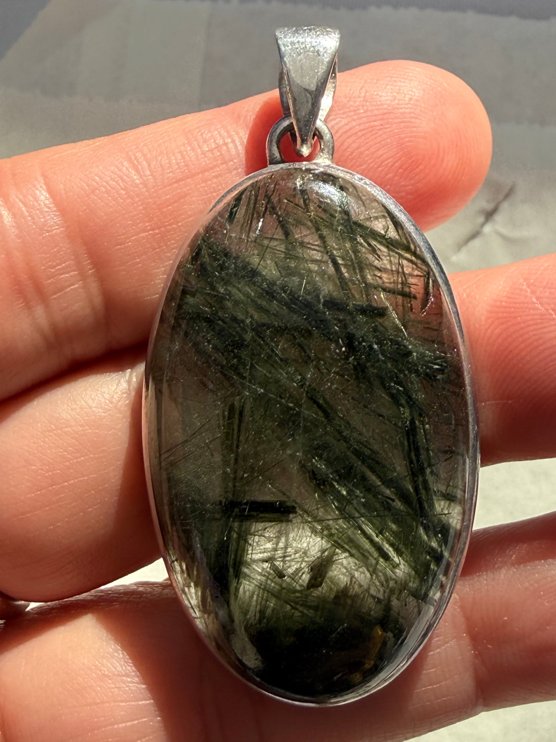 Forest Harmony Green Tourmalinated Quartz Pendant 42mmx25mm Crystal Wellness