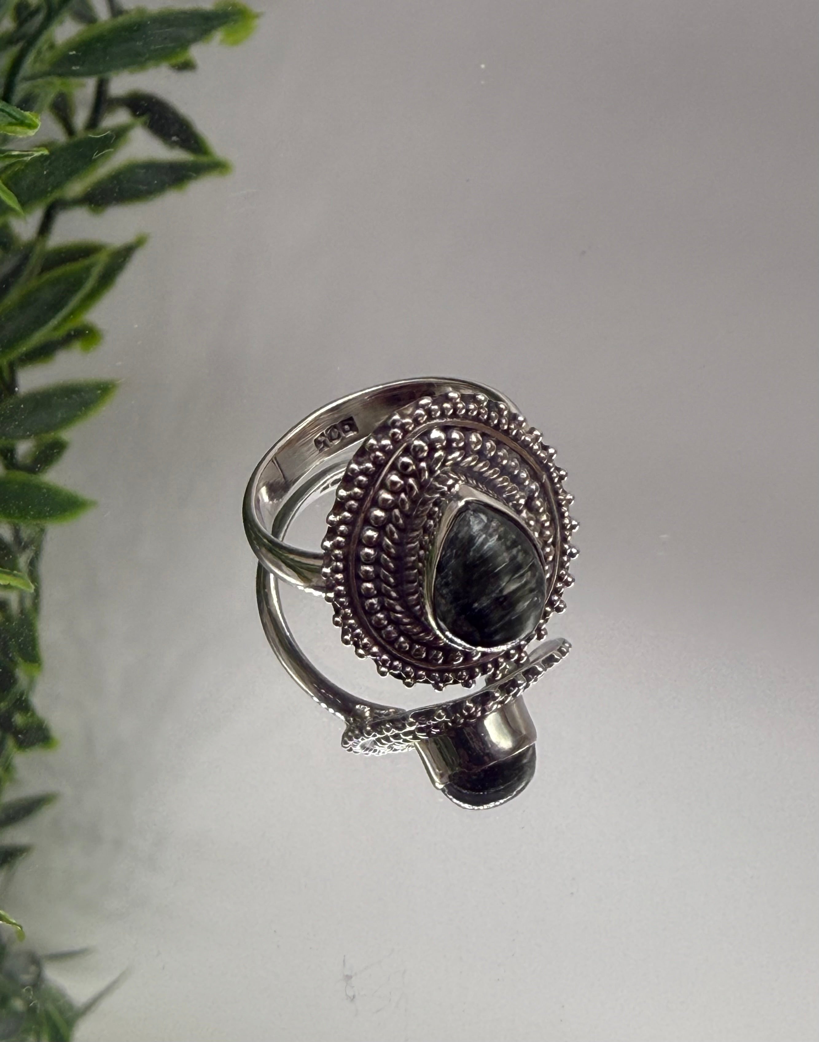 Seraphinite Sterling Silver Ring – 11x6 mm, Size 5.5 Crystal Wellness