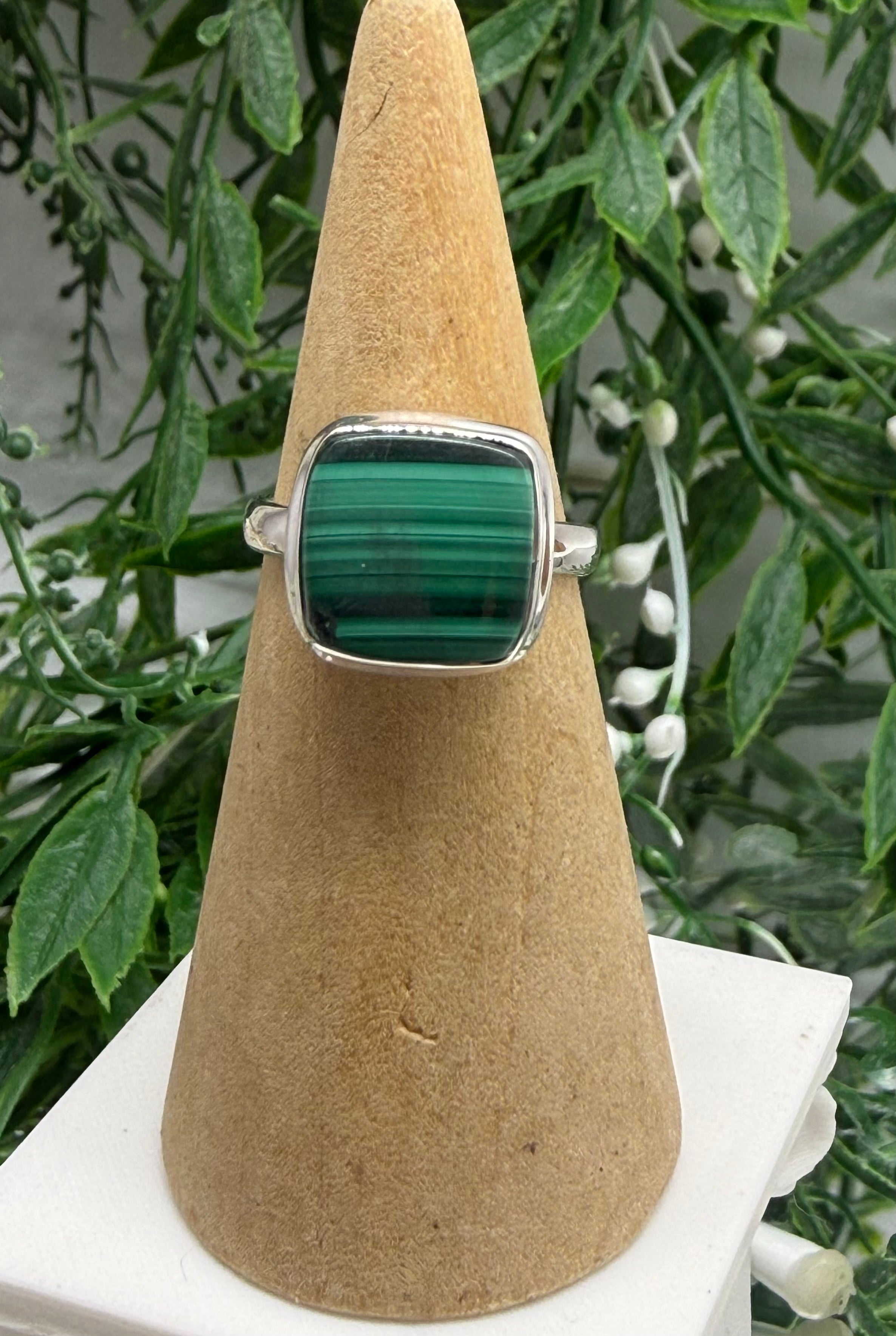 Malachite Leaf Wrap Ring – Sterling Silver, Size 9 | Mirror of the Soul & Heart Healing Energy Crystal Wellness