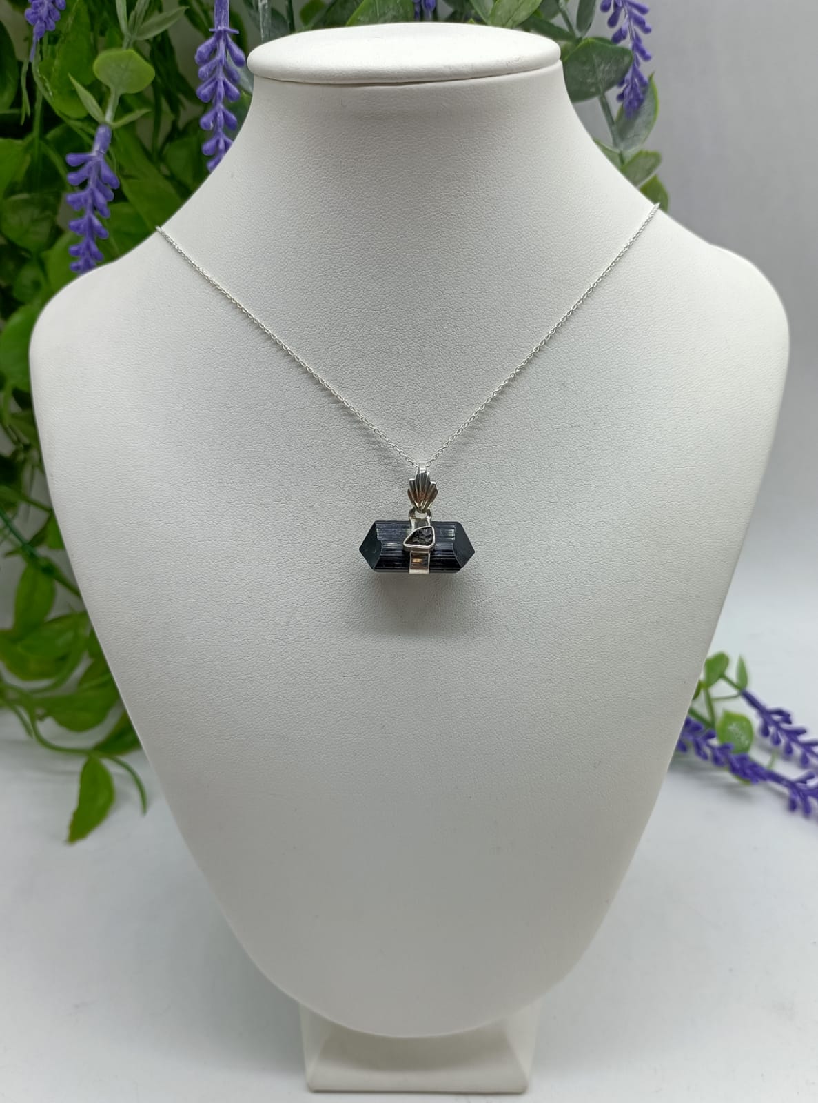 Authentic Moldavite with Black tourmaline in 925 Sterling Silver Pendant 24x11mm (Chain Included)
