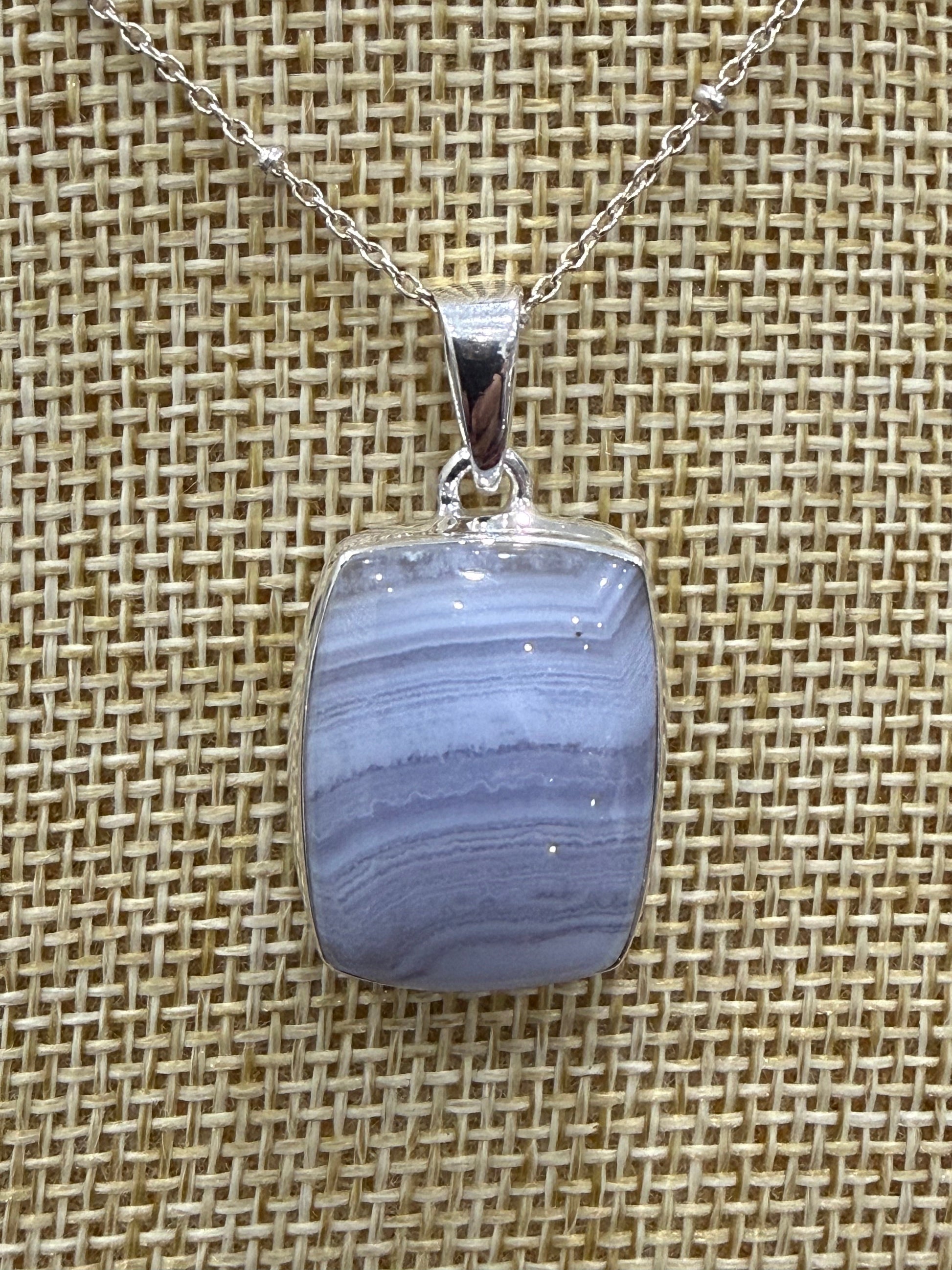 Blue Lace Agate Sterling Silver (92.5) Pendant Rectangle – 24x17mm Crystal Wellness