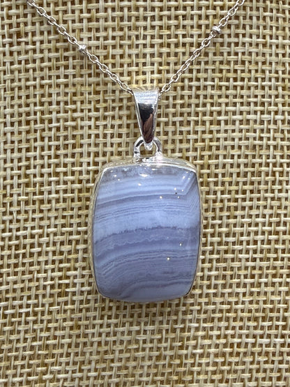 Blue Lace Agate Sterling Silver (92.5) Pendant Rectangle – 24x17mm Crystal Wellness