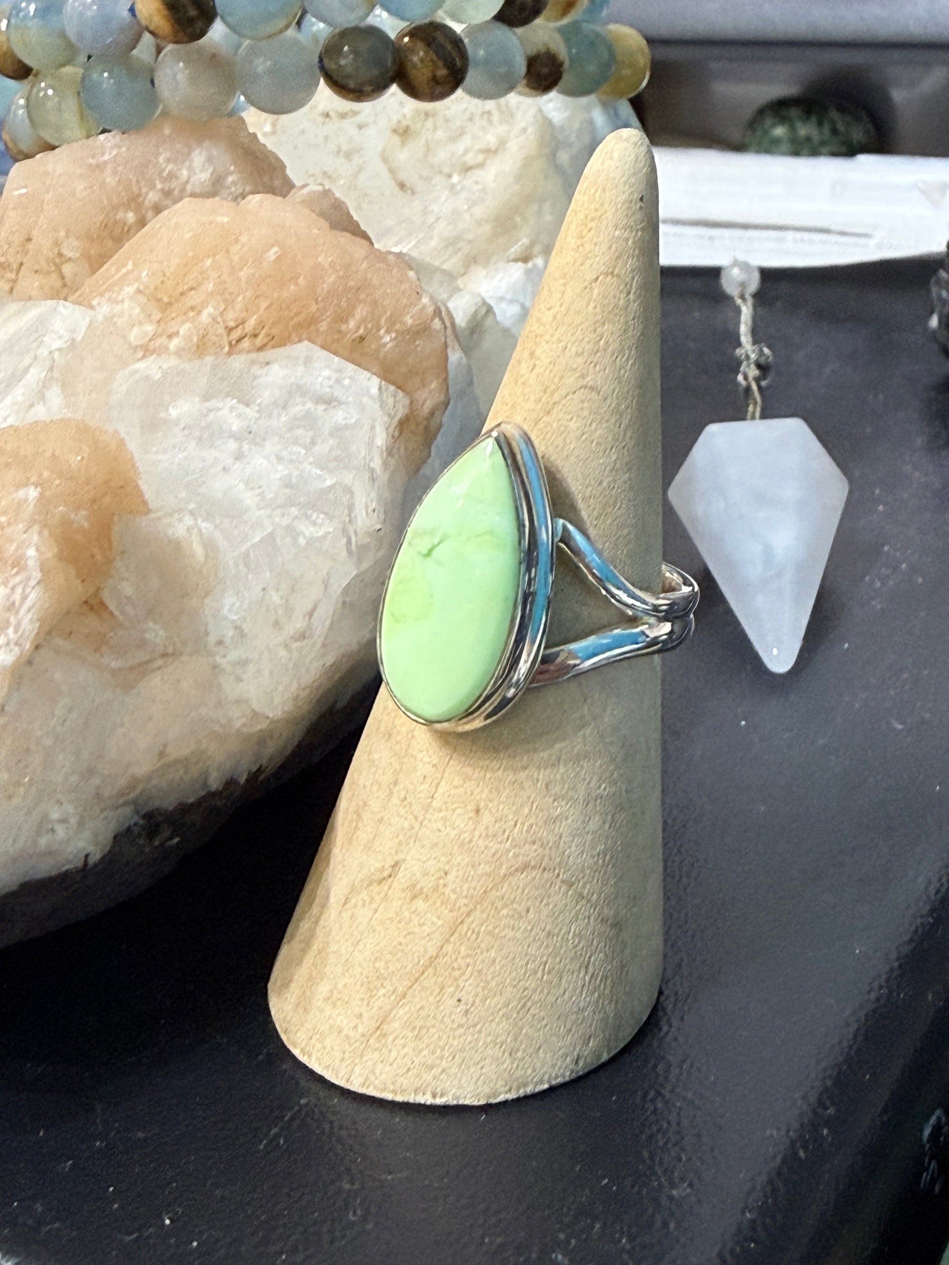 Lemon Chrysoprase Ring
A gentle ray of renewal, hope, and heart-healing energy. Size 8 Crystal Wellness