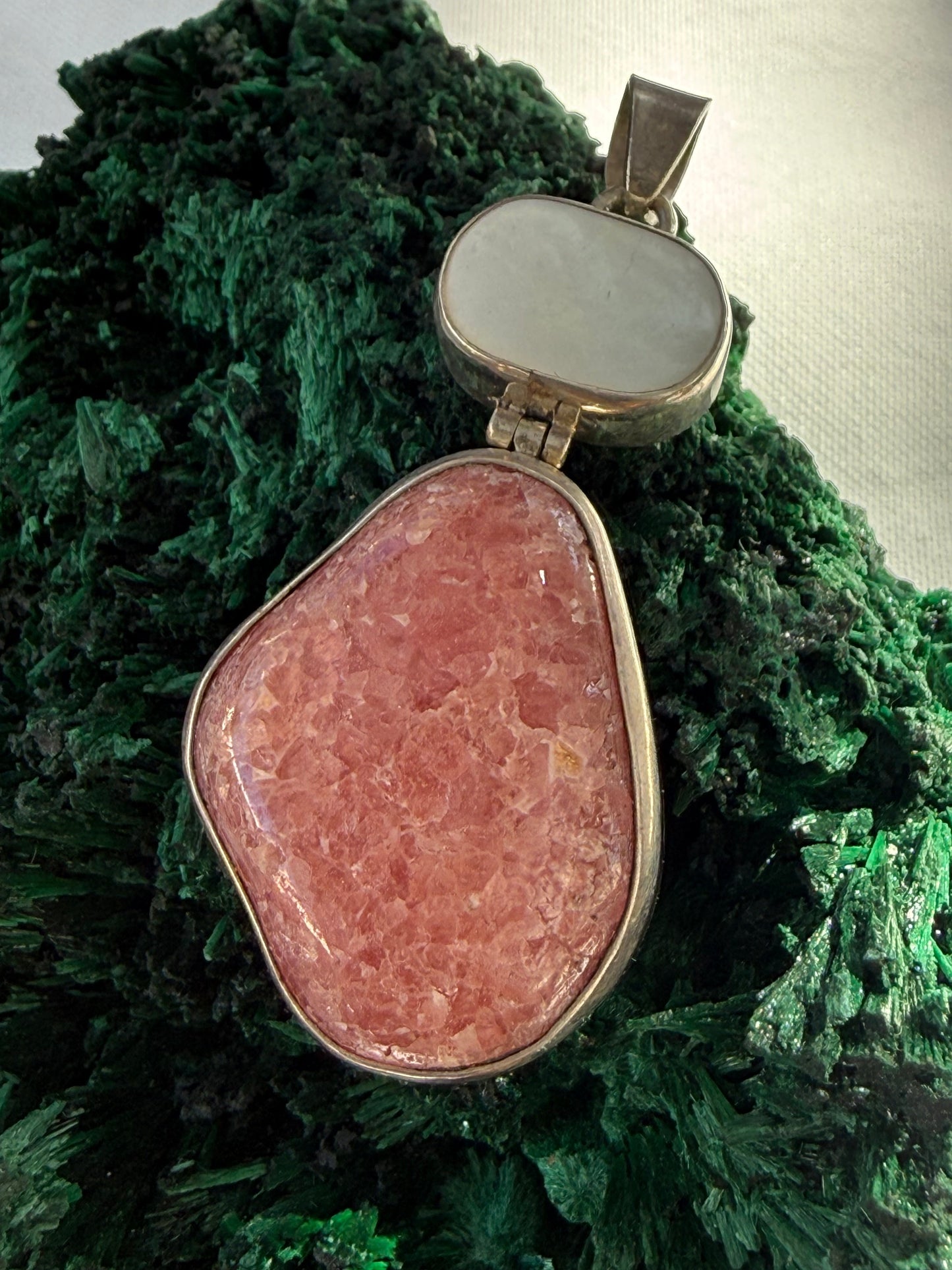 Rhodochrosite & Mother of Pearl Silver Pendant 44mmx25mm Crystal Wellness