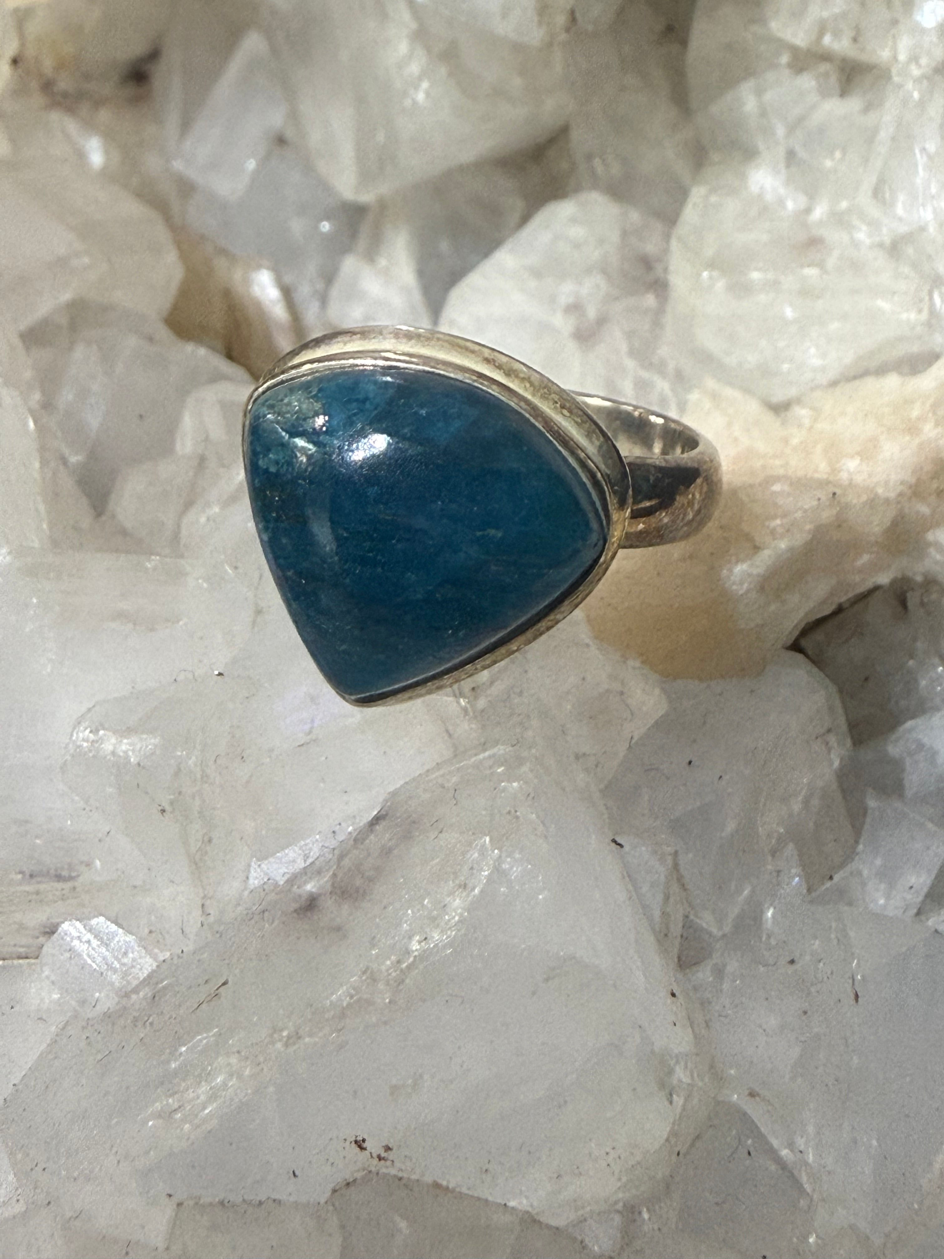 Neon Blue Apatite Silver Ring – Size 7.5 Crystal Wellness