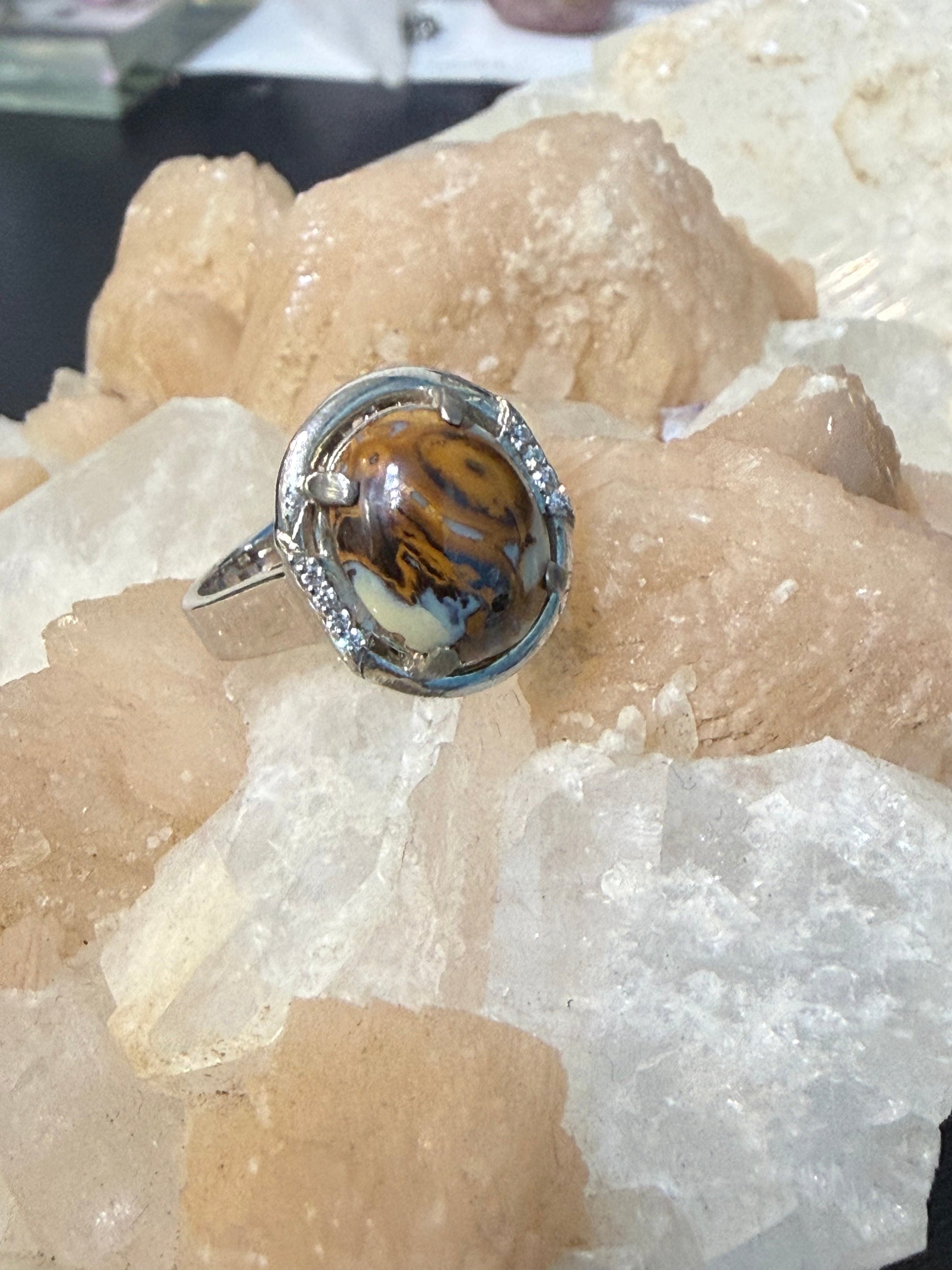 Boulder Opal with Zircon Ring Crystal Wellness