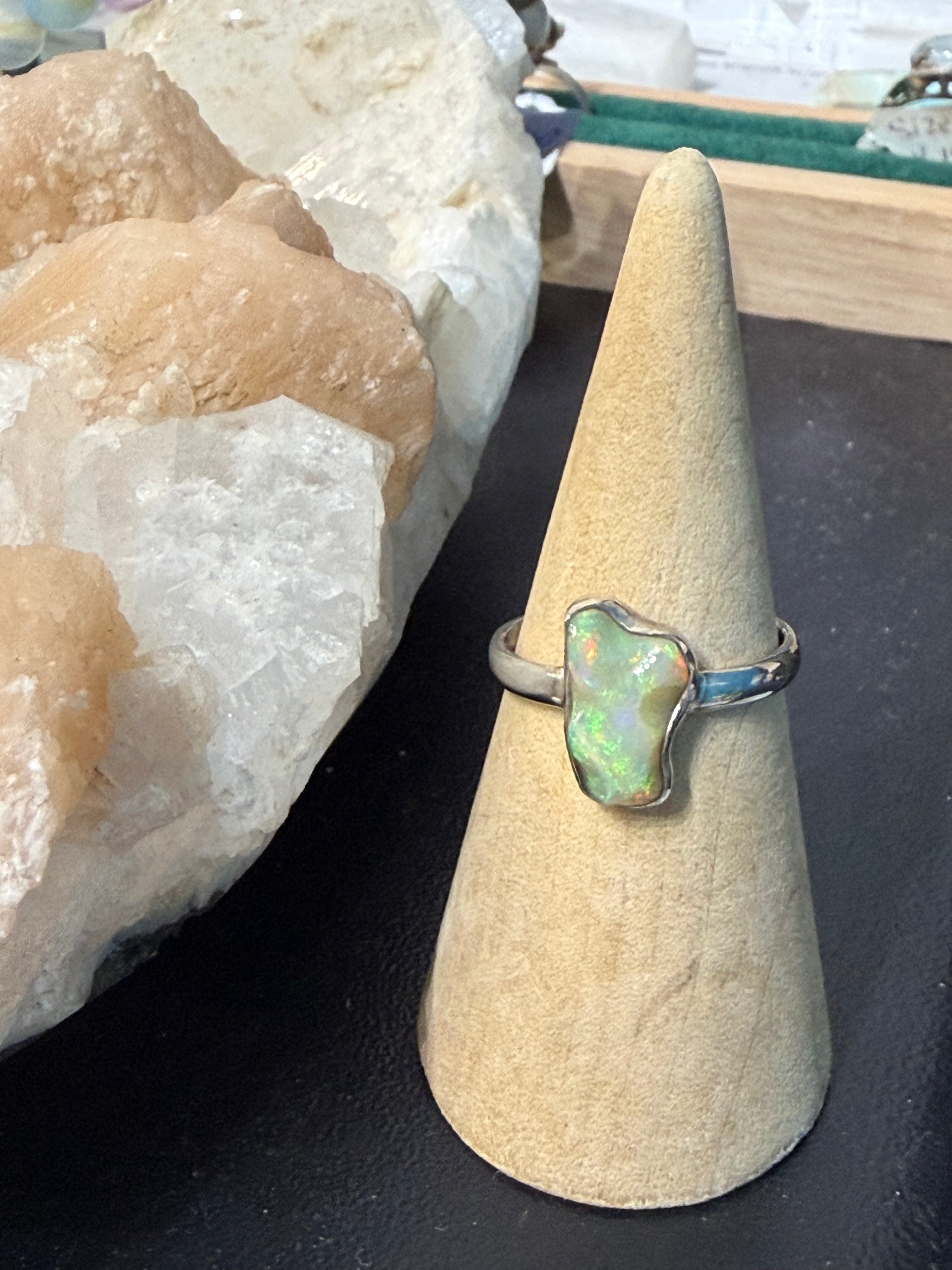 Raw Australian Opal Ring, size 8.75 – Untamed Light & Soul Awakening Crystal Wellness