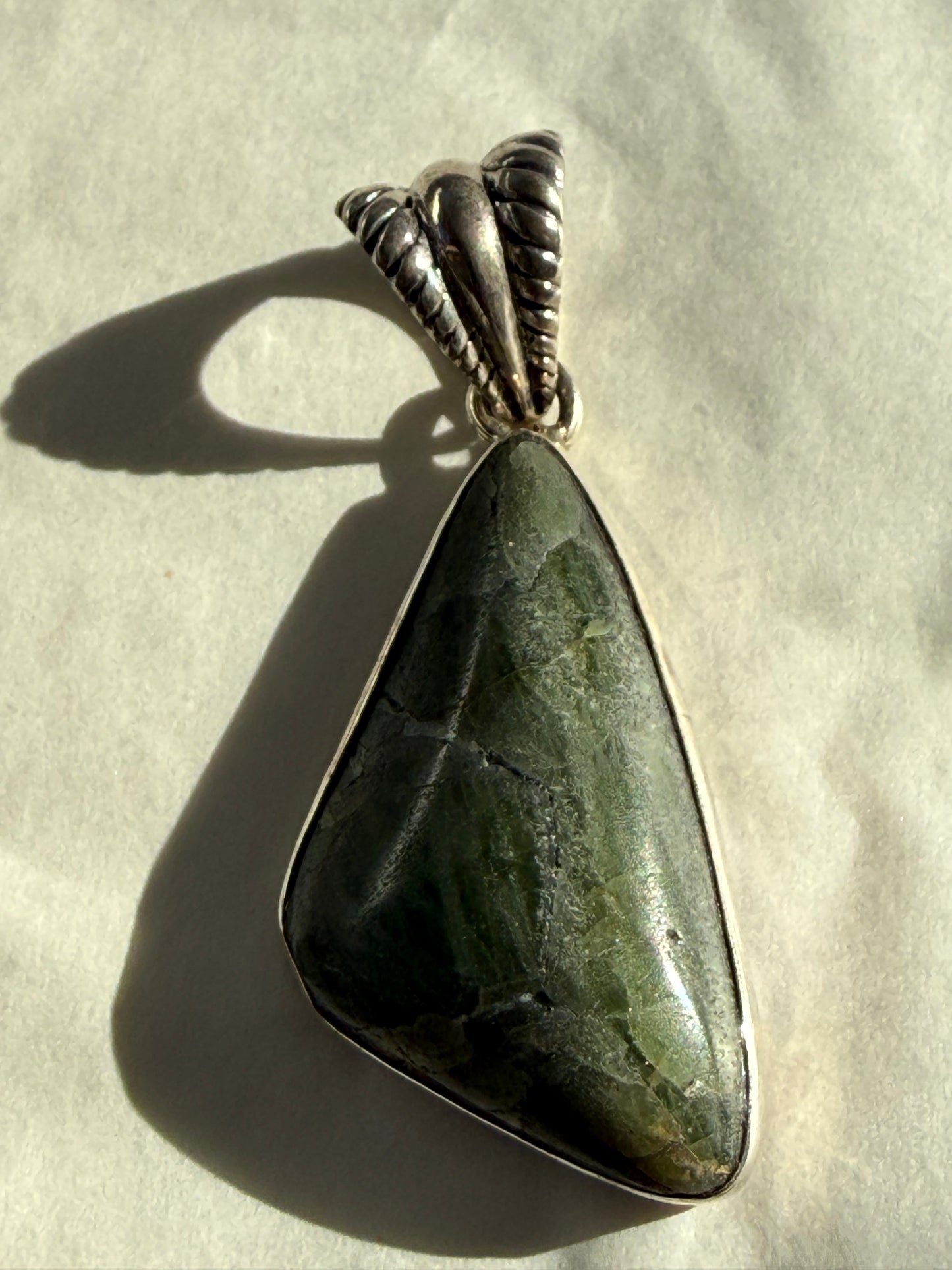 Verdant Light Peridot Silver Pendant 35mmx19mm Crystal Wellness
