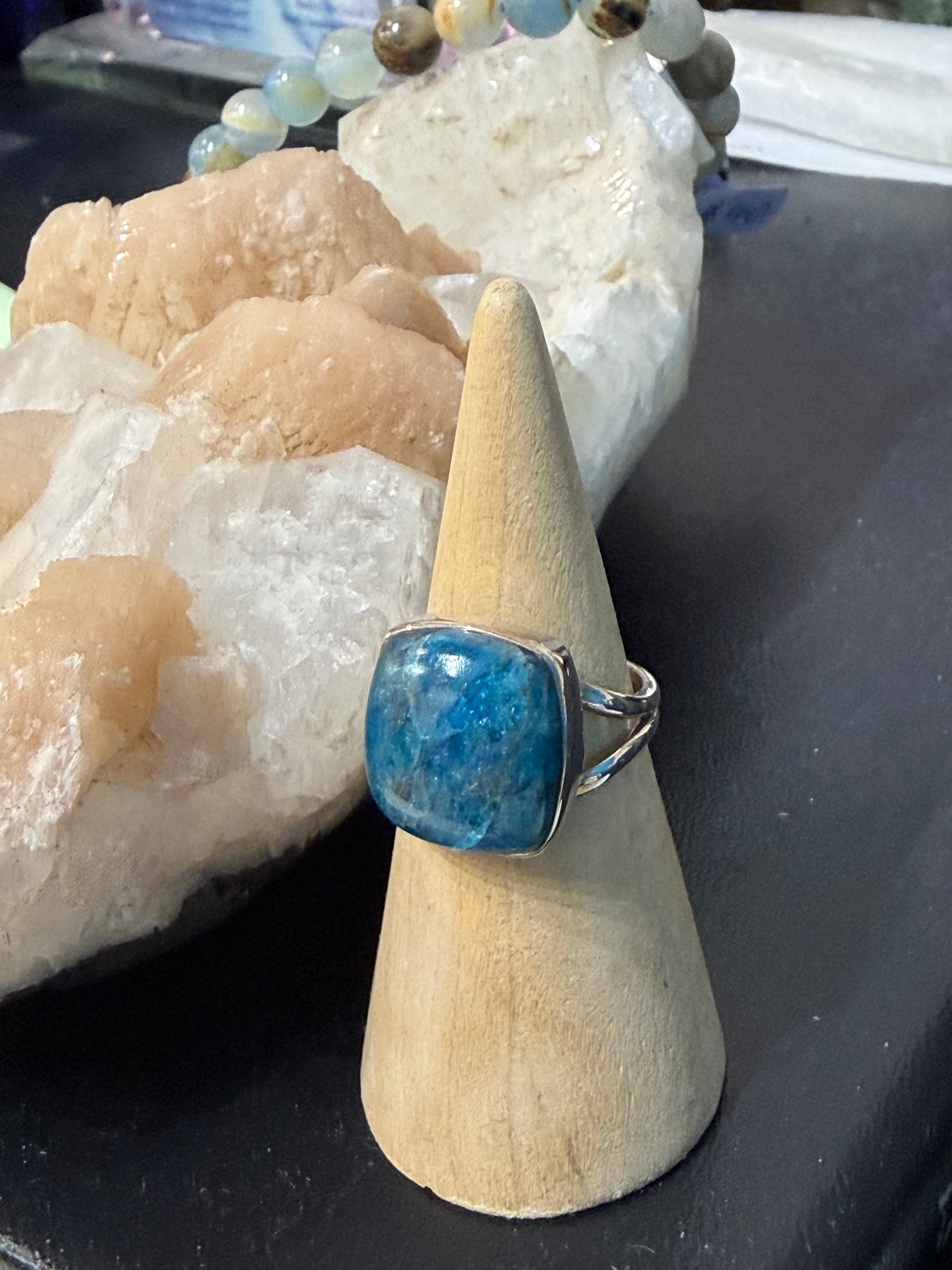 Neon Blue Apatite Ring, size 8
A spark of clarity, truth, and inspired vision. Crystal Wellness