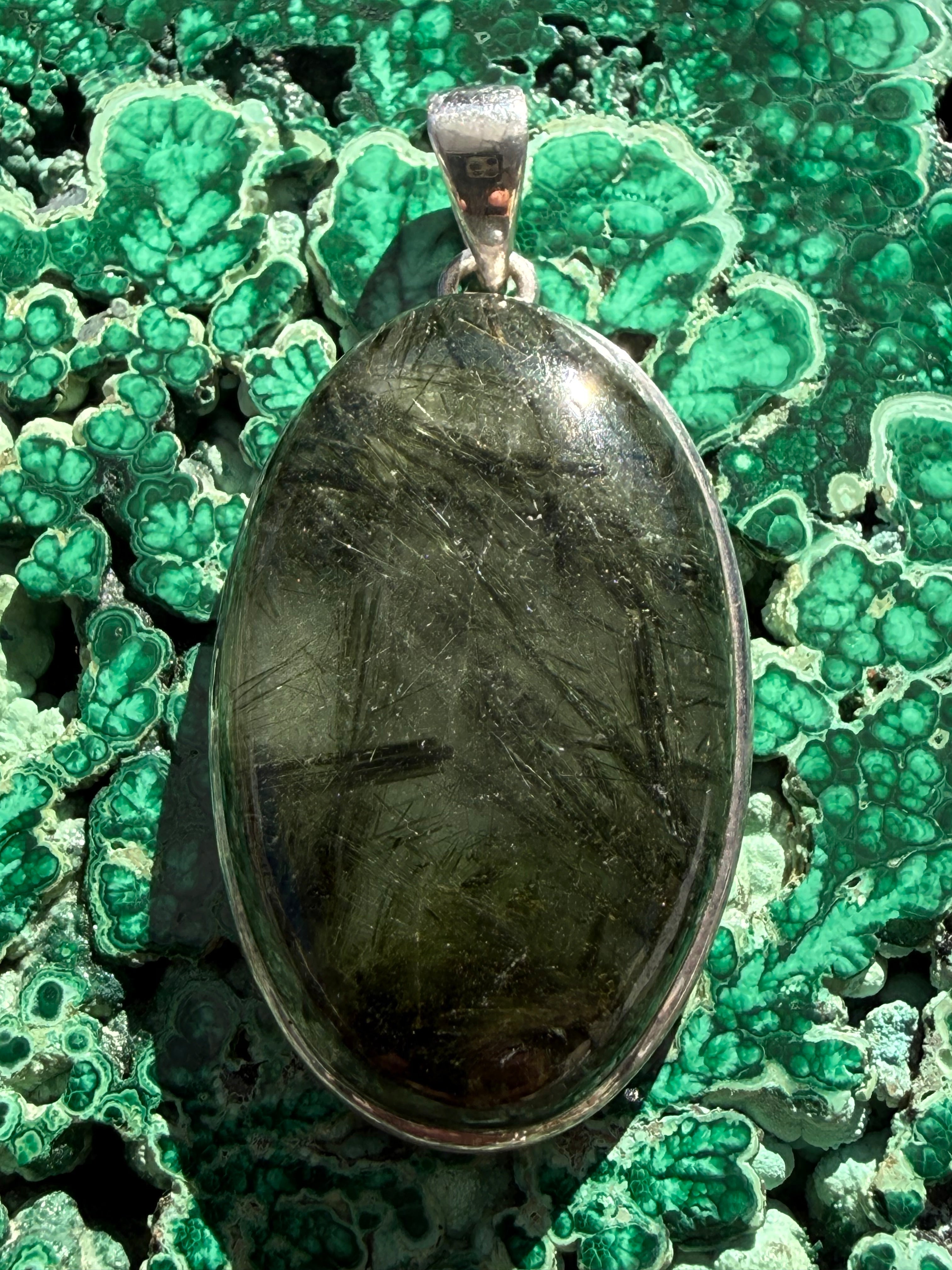 Forest Harmony Green Tourmalinated Quartz Pendant 42mmx25mm Crystal Wellness