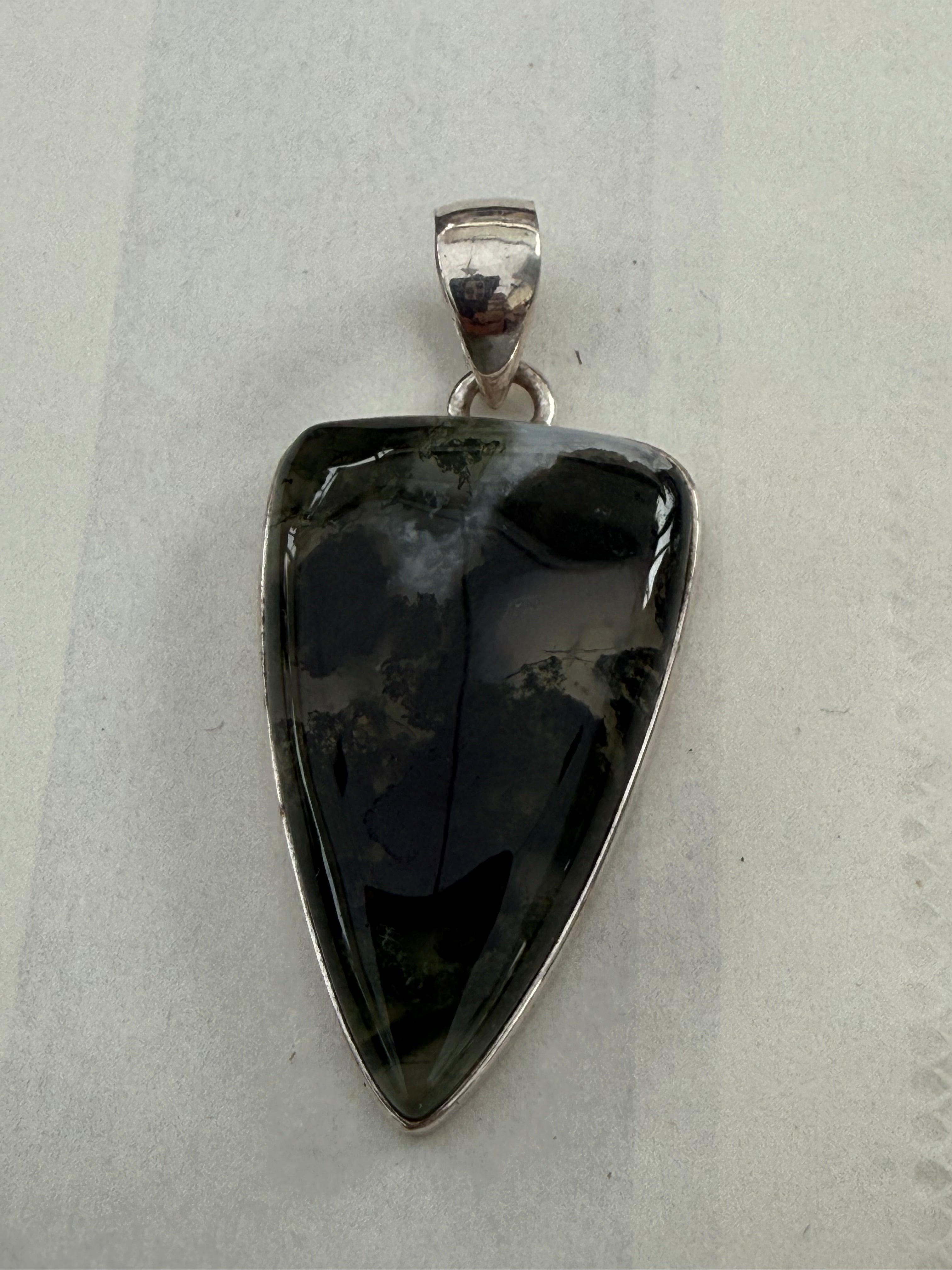 Verdant Heart Moss Agate Silver Pendant 31mmx20mm Crystal Wellness