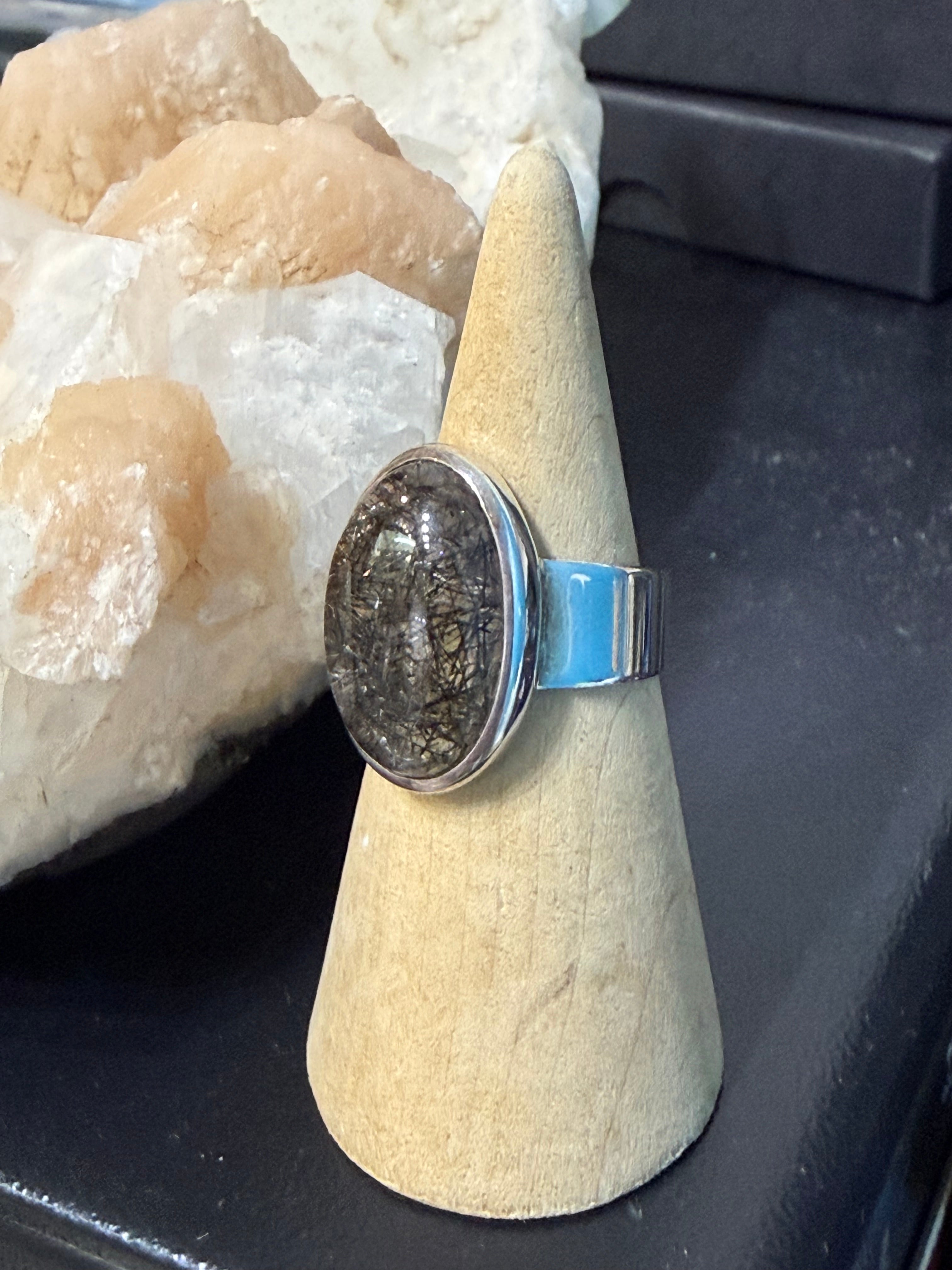 Black Rutilated Quartz Ring, size 9  – Protection, Strength & Energy Clarity Crystal Wellness