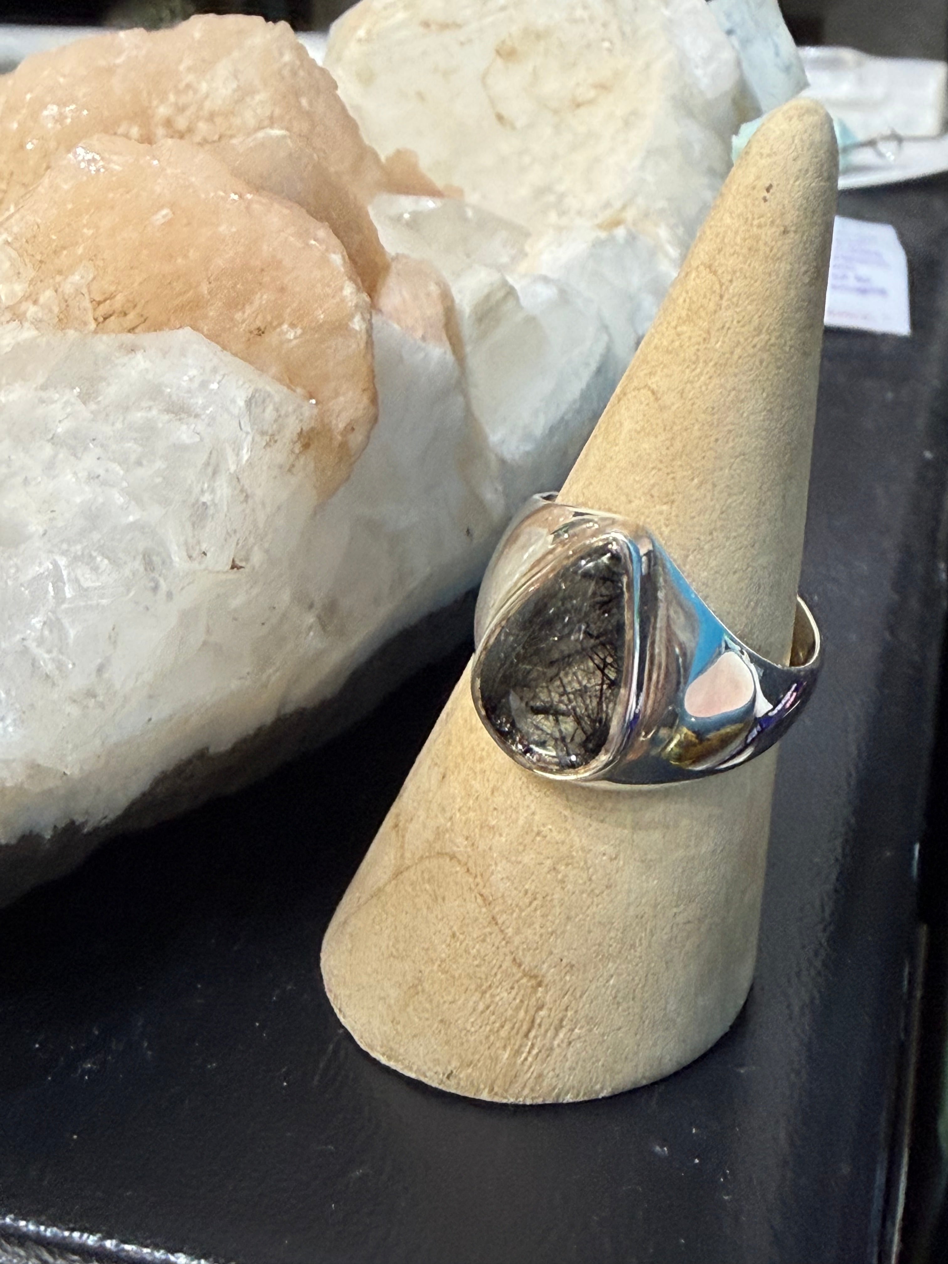 Black Rutilated Quartz Ring, size 8.5 — Stone of Protection, Strength & Transformation Crystal Wellness