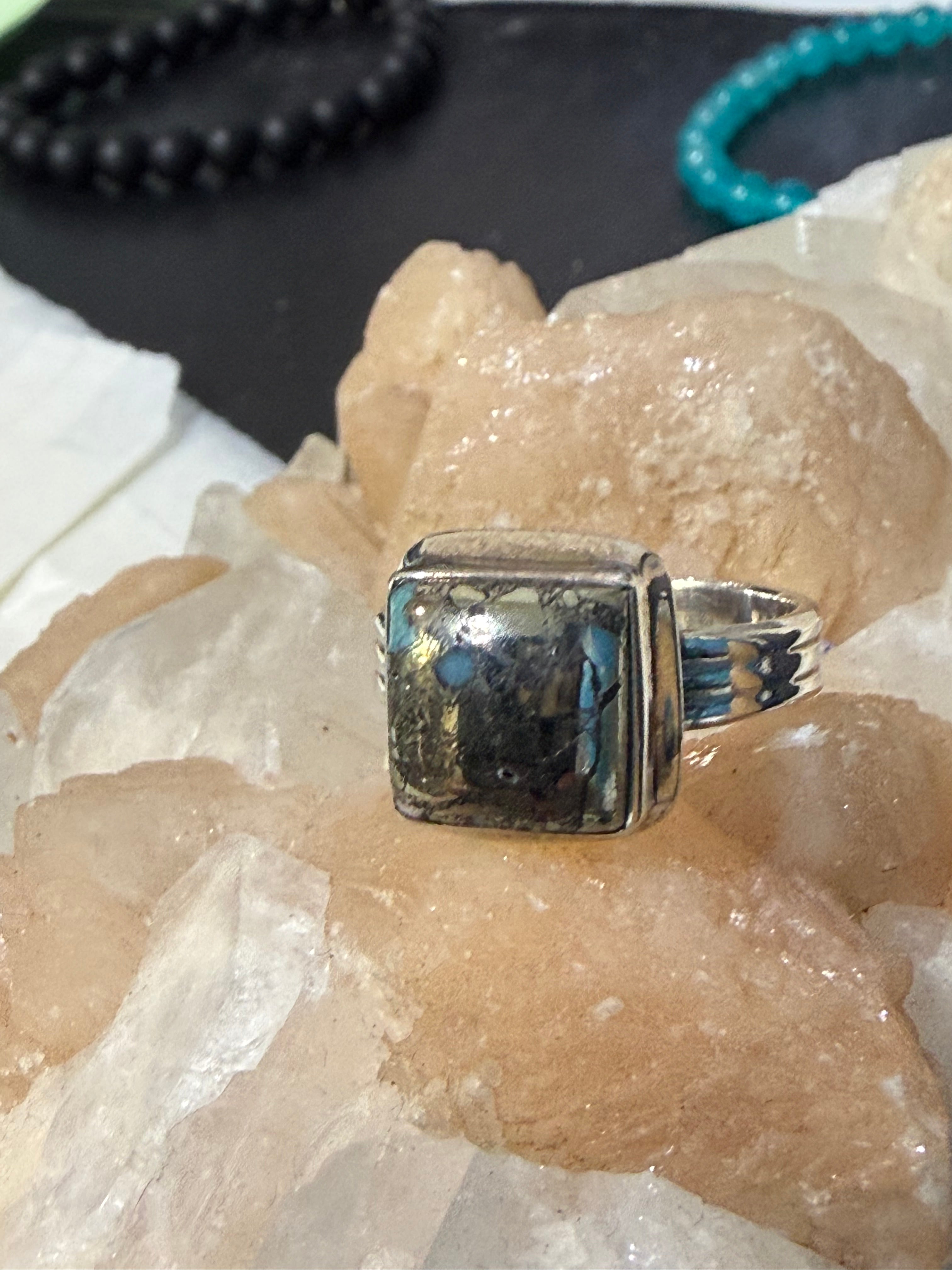Iranian Turquoise with Pyrite Ring, size 8.5  – Stone of Prosperity, Protection & Divine Wisdom Crystal Wellness