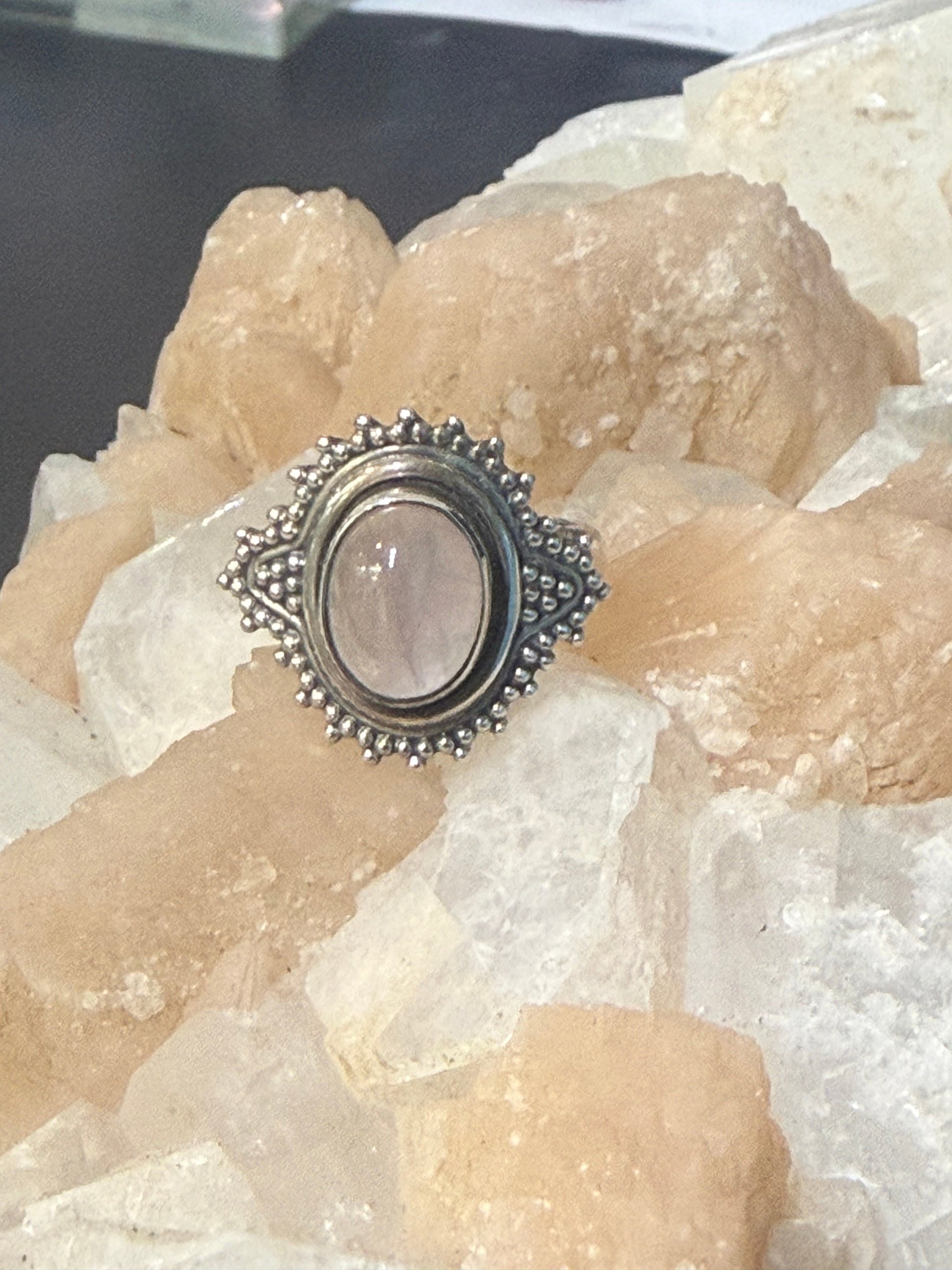 Rose Quartz 925 Sterling Silver Filigree Ring Size 7 Crystal Wellness