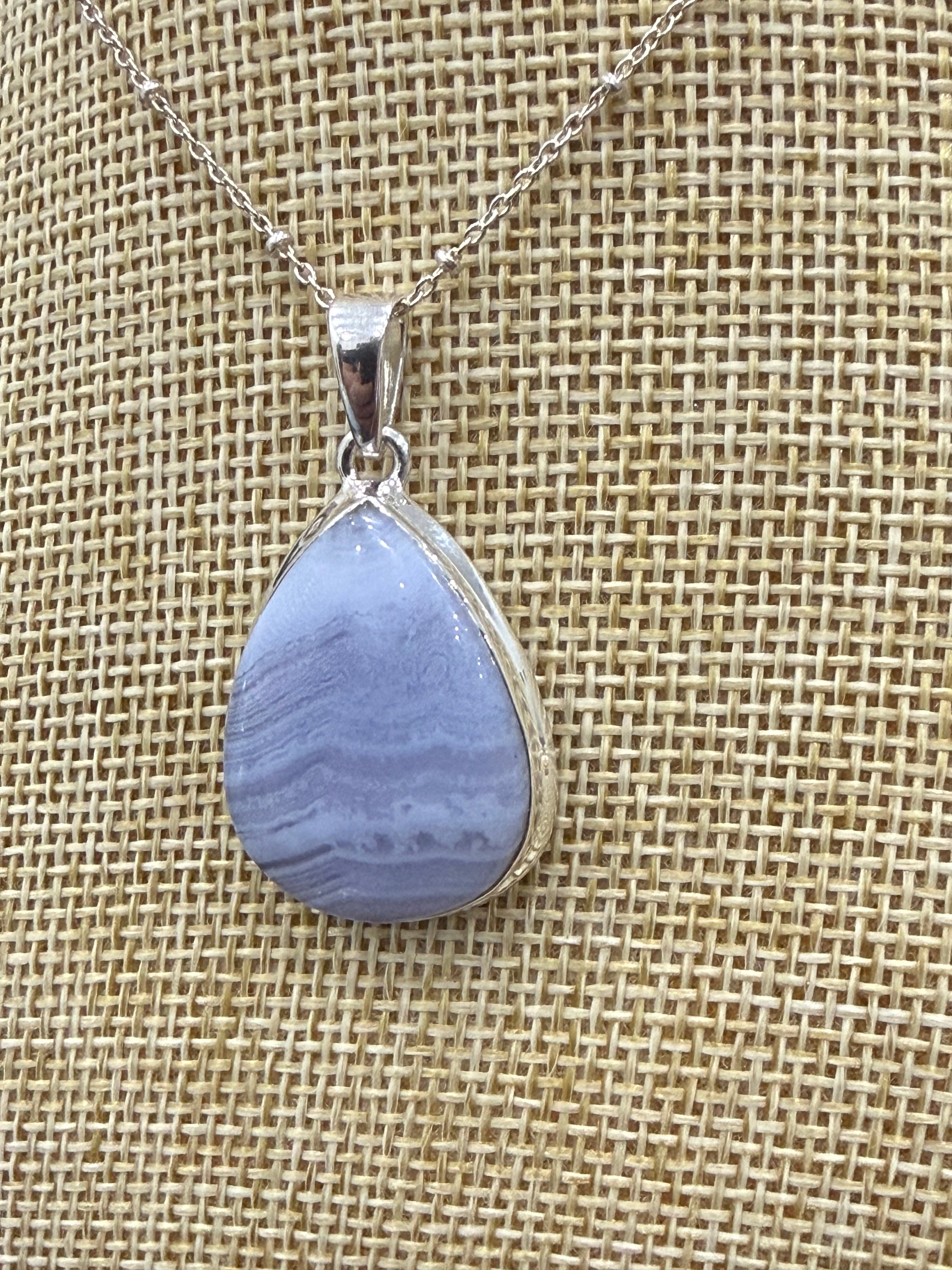 Blue Lace Agate Sterling Silver (92.5) Pendant  Teardrop – 29x21 mm Crystal Wellness