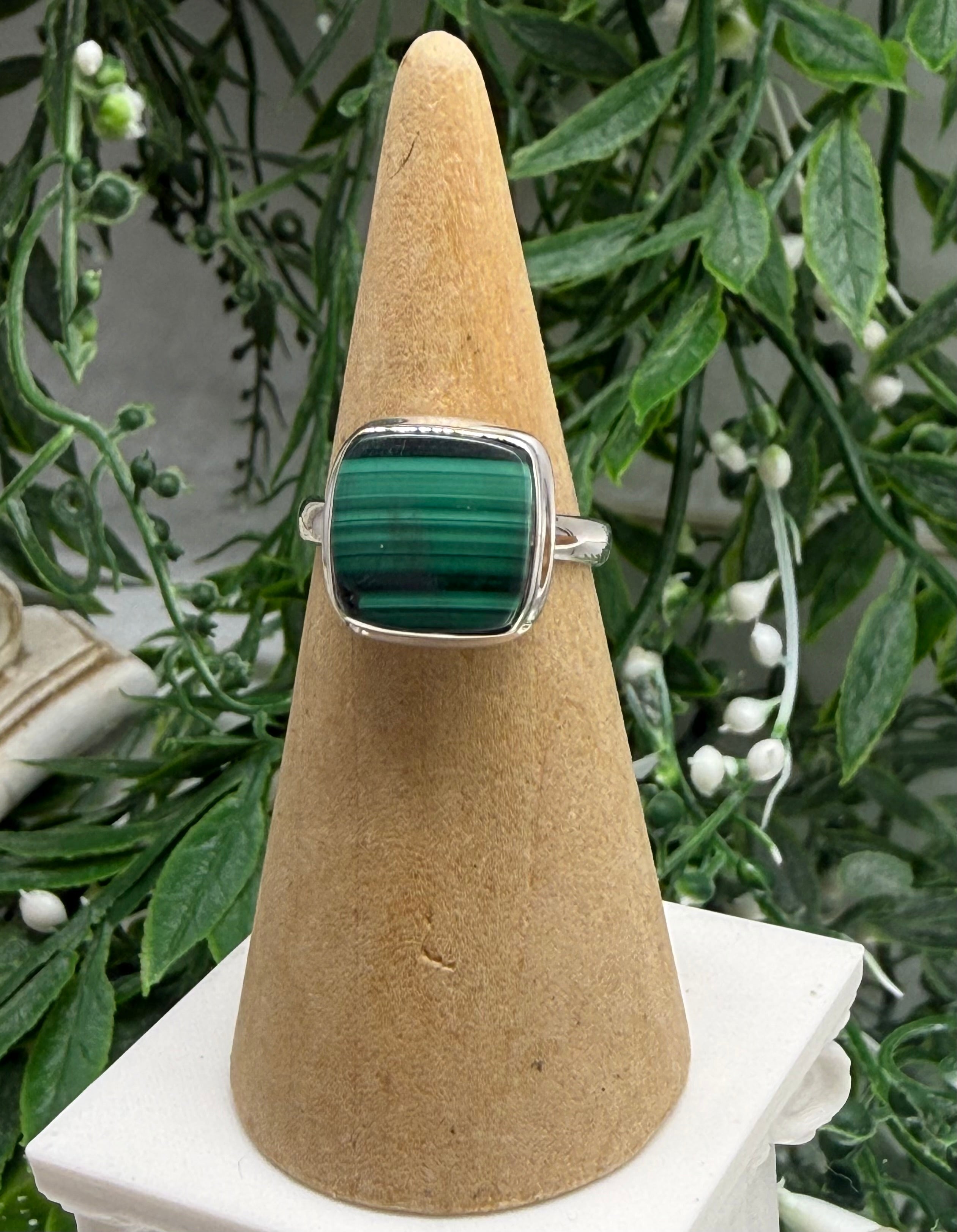 Malachite Leaf Wrap Ring – Sterling Silver, Size 9 | Mirror of the Soul & Heart Healing Energy Crystal Wellness