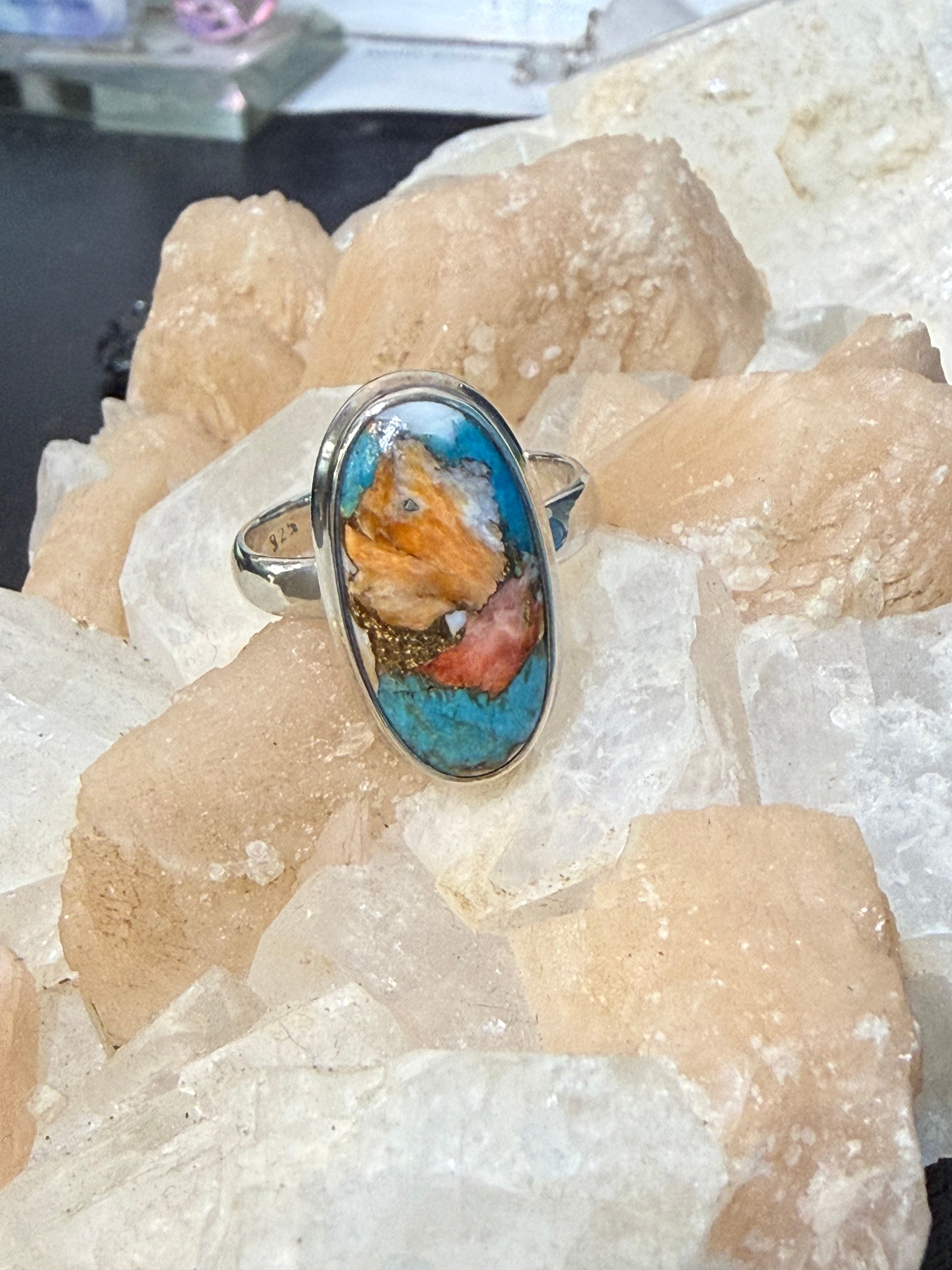 Spiny Oyster Turquoise 925 Sterling Silver Ring Size 9 Crystal Wellness