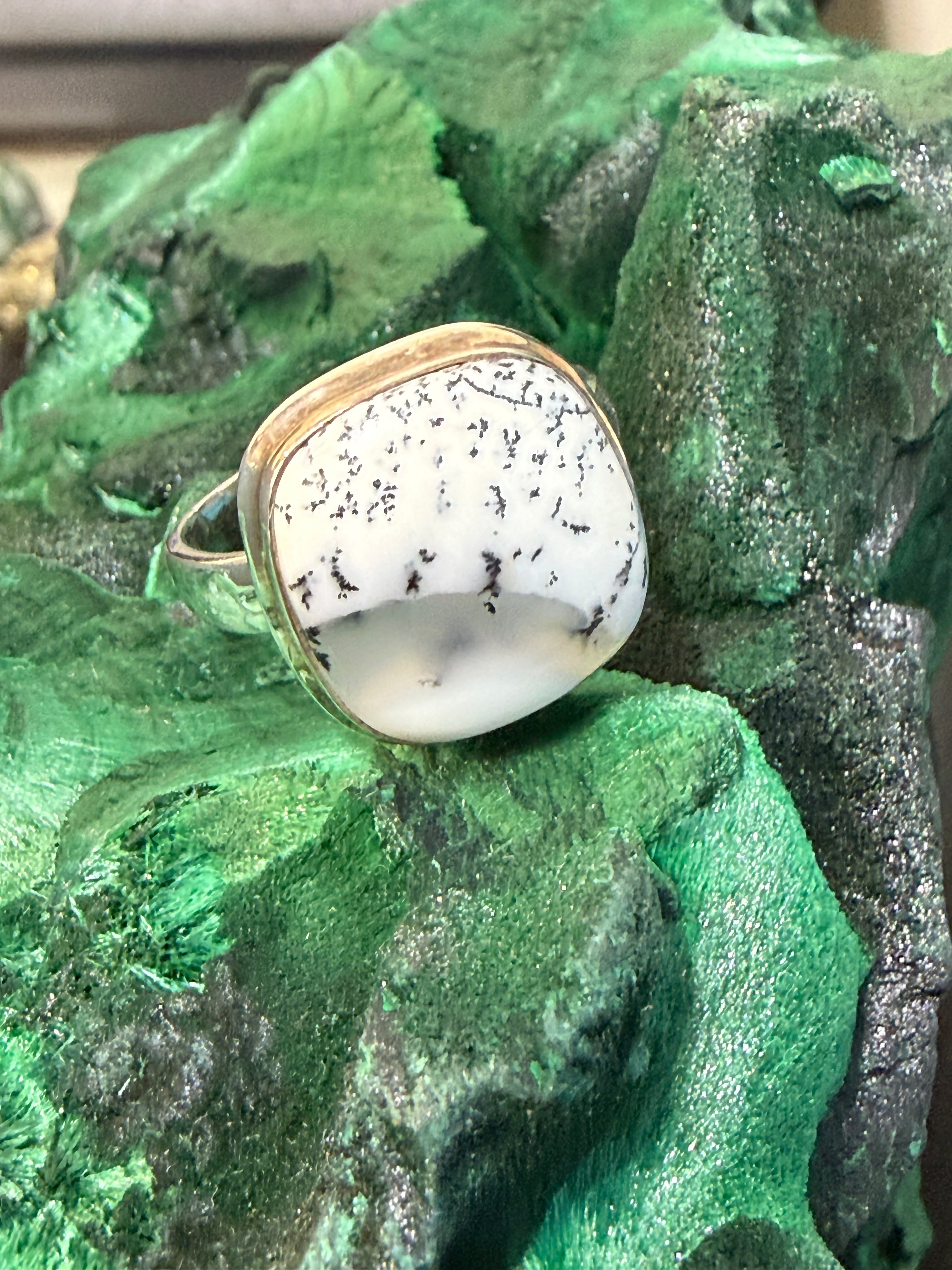 Whispers of the Ancient Forest – Dendritic Opal Sterling Silver Ring | Size 8.5 Crystal Wellness