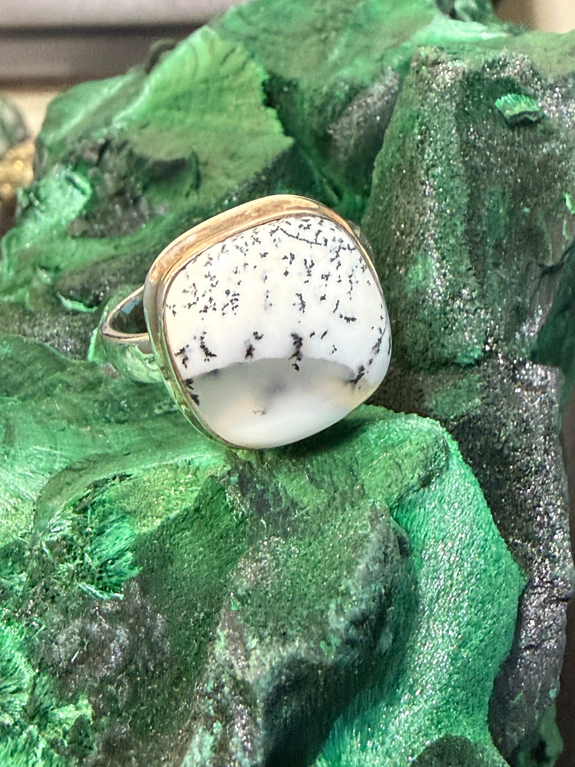 Whispers of the Ancient Forest – Dendritic Opal Sterling Silver Ring | Size 8.5 Crystal Wellness