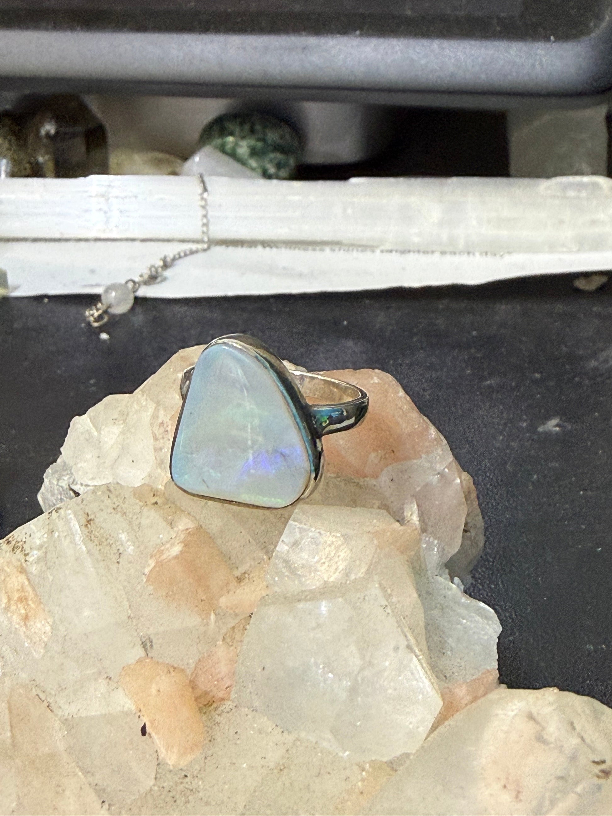 🌈 Solid Australian Opal Ring — “Keeper of Light”, size 8 Crystal Wellness