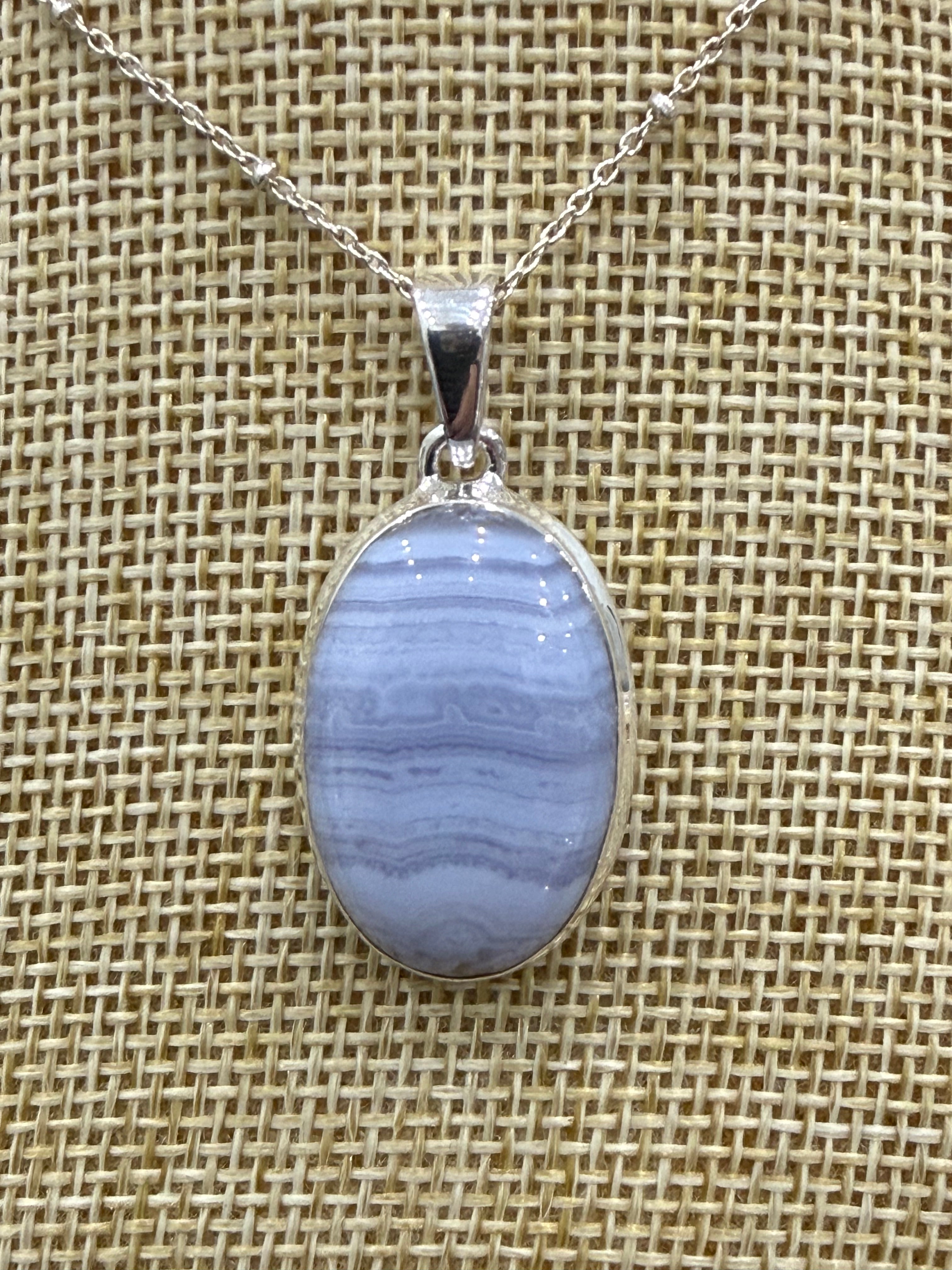 Blue Lace Agate Sterling Silver (92.5) Pendant Oval Shape– 27x19 mm Crystal Wellness