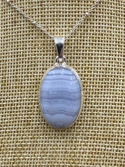 Blue Lace Agate Sterling Silver (92.5) Pendant Oval Shape– 27x19 mm Crystal Wellness
