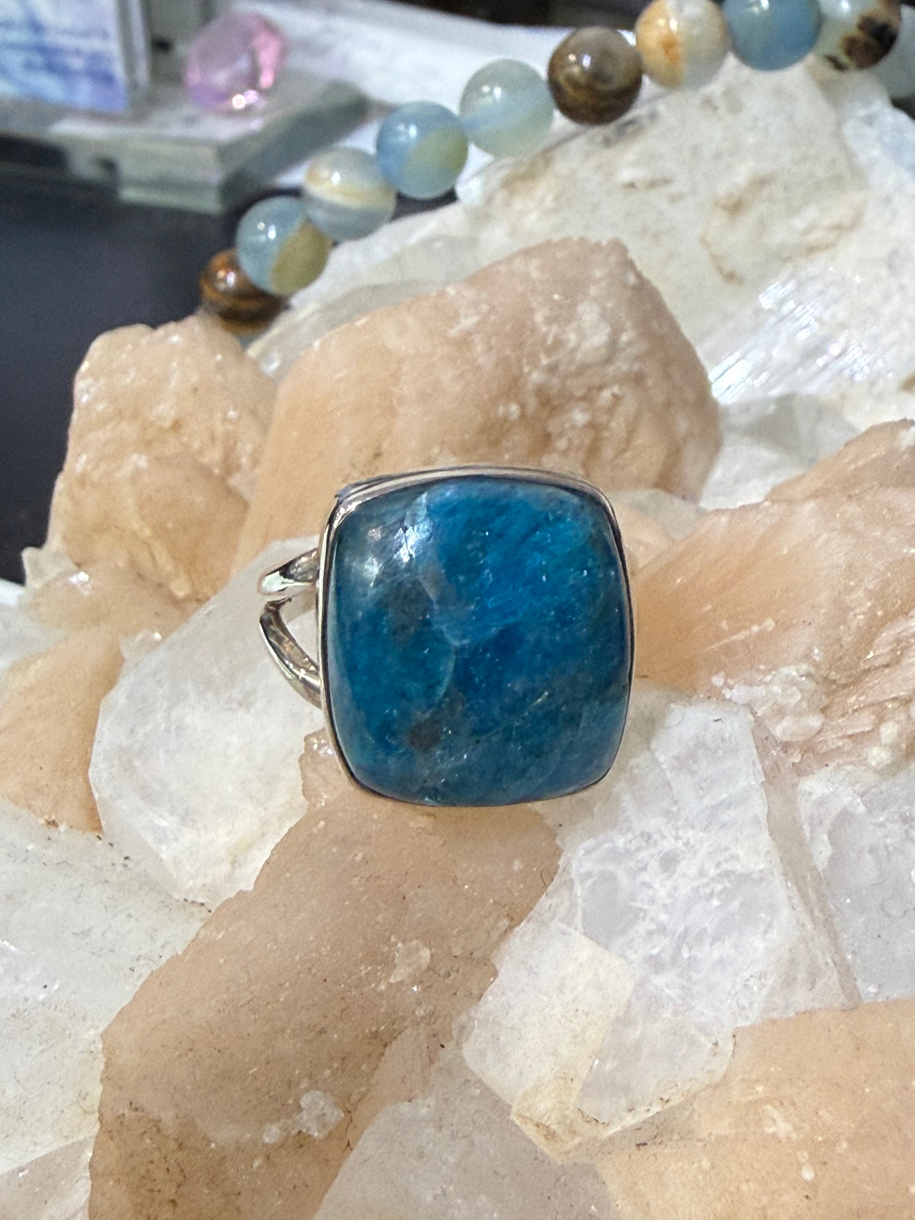 Neon Blue Apatite Ring, size 8
A spark of clarity, truth, and inspired vision. Crystal Wellness