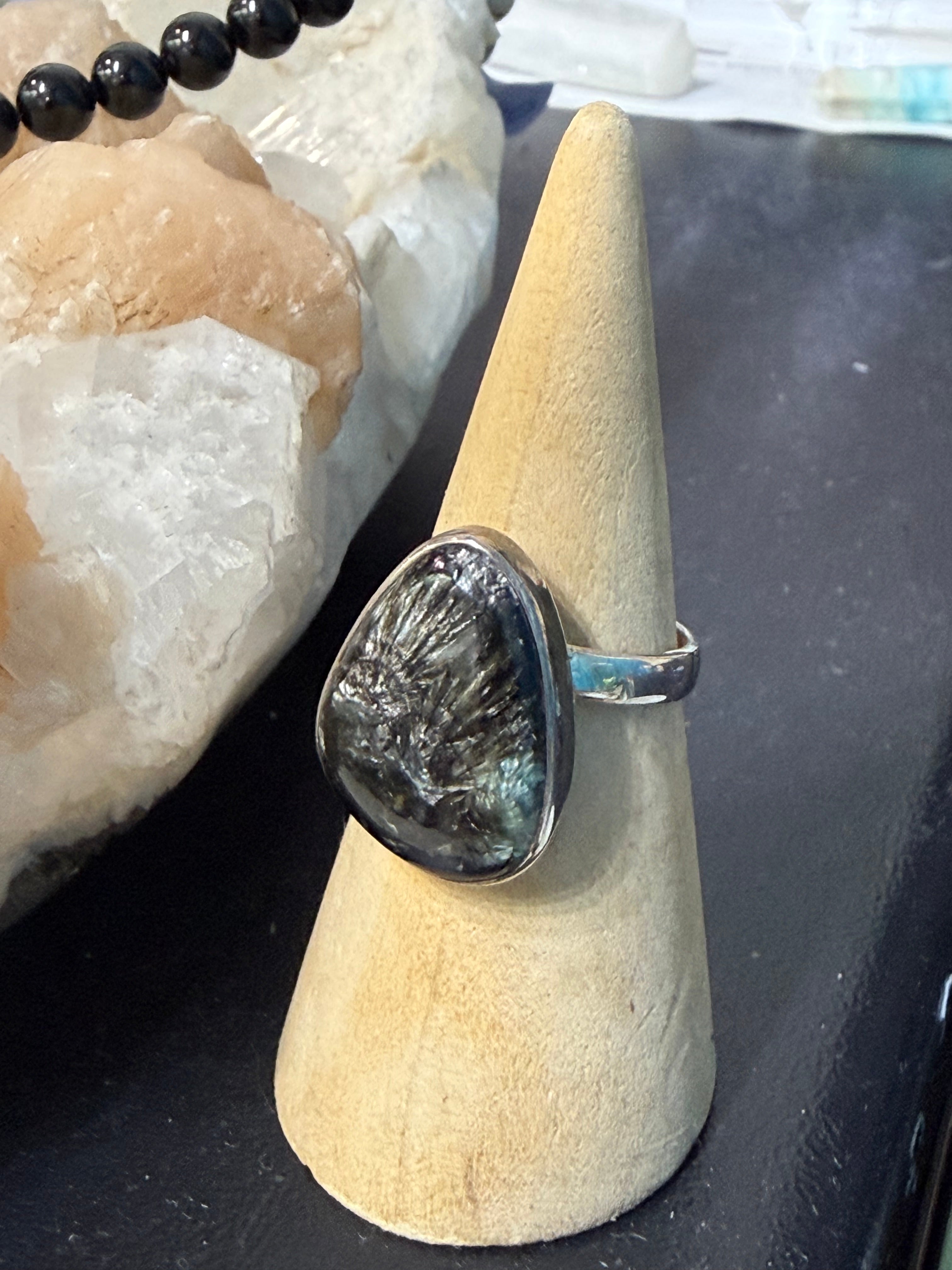 Golden Seraphinite Ring, size 7.5 adjustable – Wings of Light & Divine Alignment Crystal Wellness