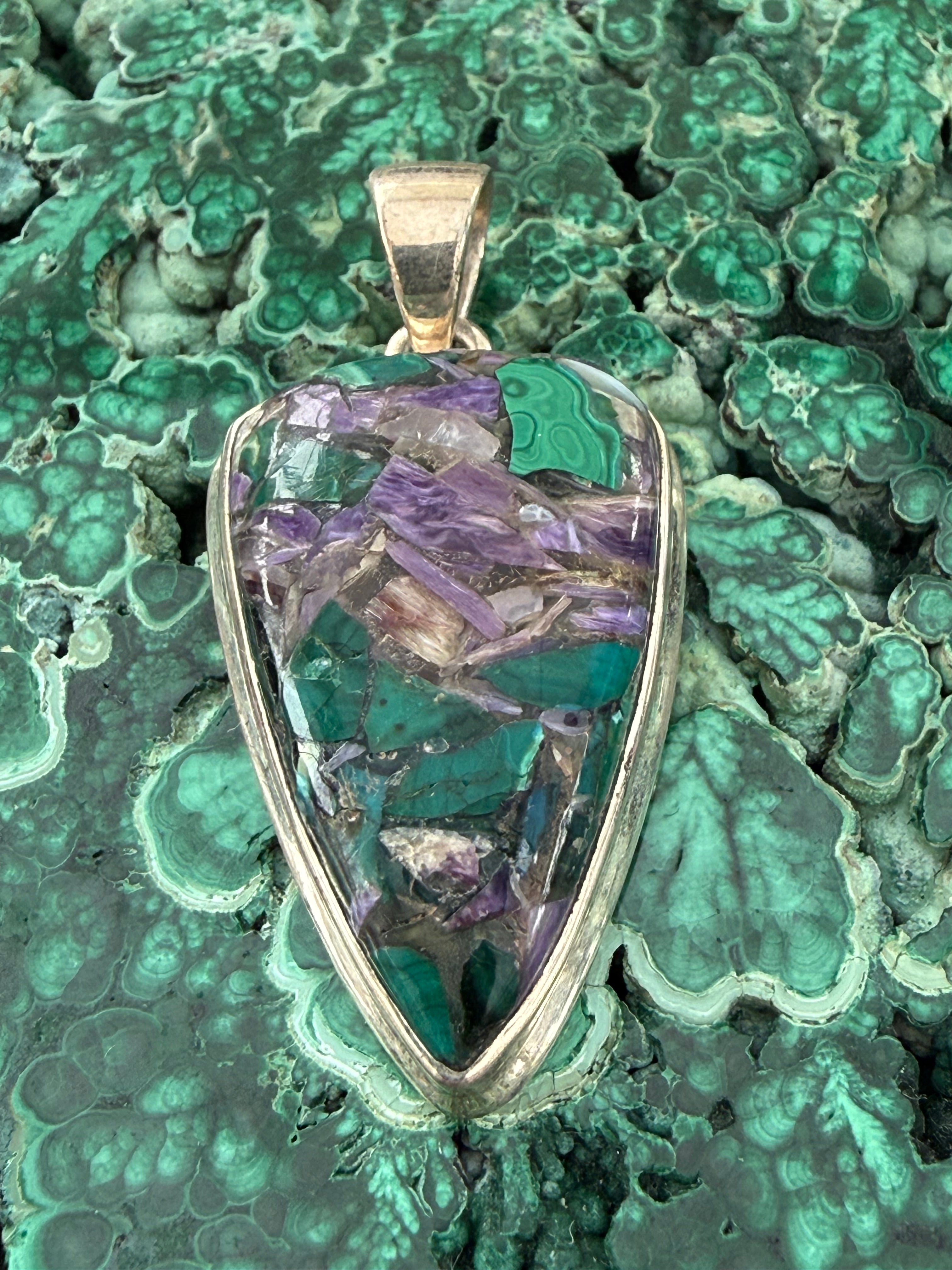 Charoite in Chrysocolla Silver Pendant 30mmx20mm Crystal Wellness