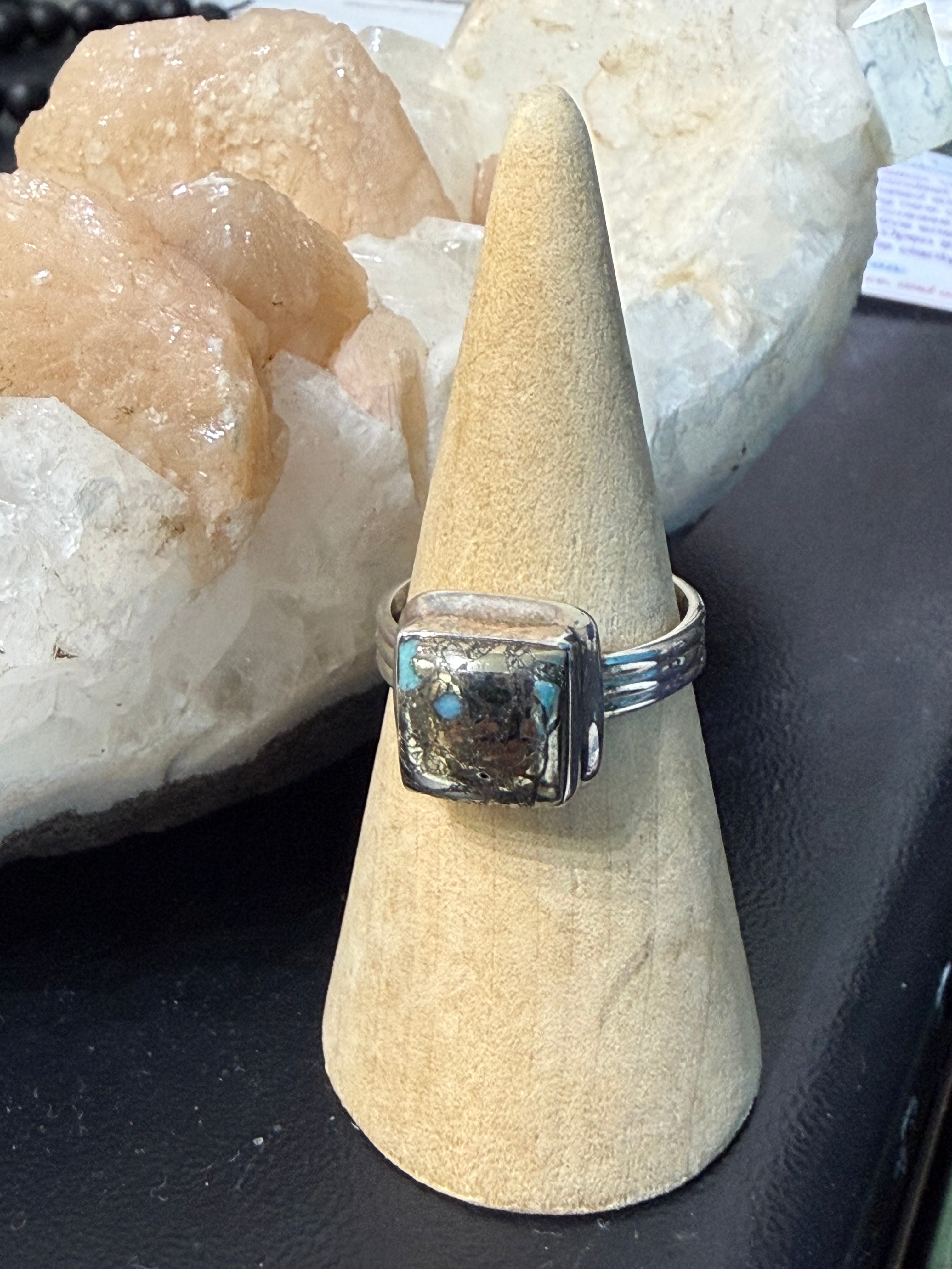 Iranian Turquoise with Pyrite Ring, size 8.5  – Stone of Prosperity, Protection & Divine Wisdom Crystal Wellness