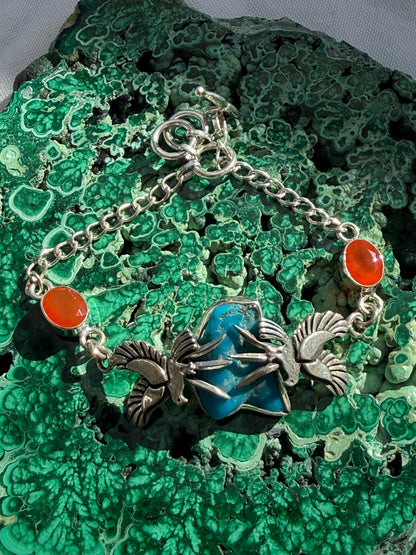 Kingsman Turquoise & Carnelian Sterling Silver Bracelet – Courage, Vitality & Authentic Expression, 20cm Crystal Wellness
