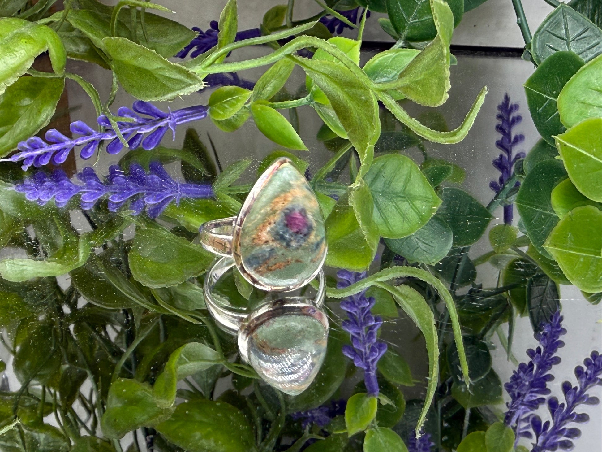 Ruby Fuchsite Silver Ring, size 8 adjustable Crystal Wellness
