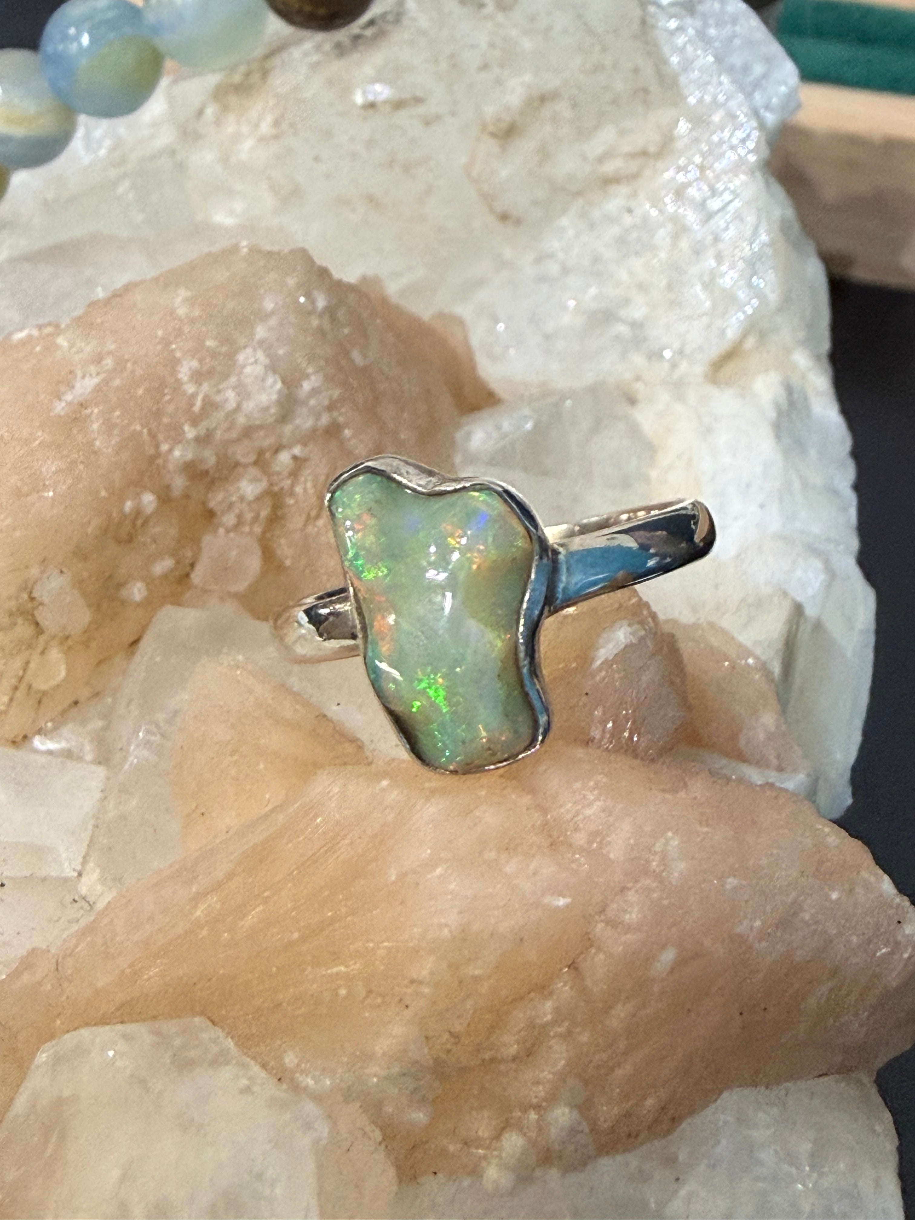 Raw Australian Opal Ring, size 8.75 – Untamed Light & Soul Awakening Crystal Wellness