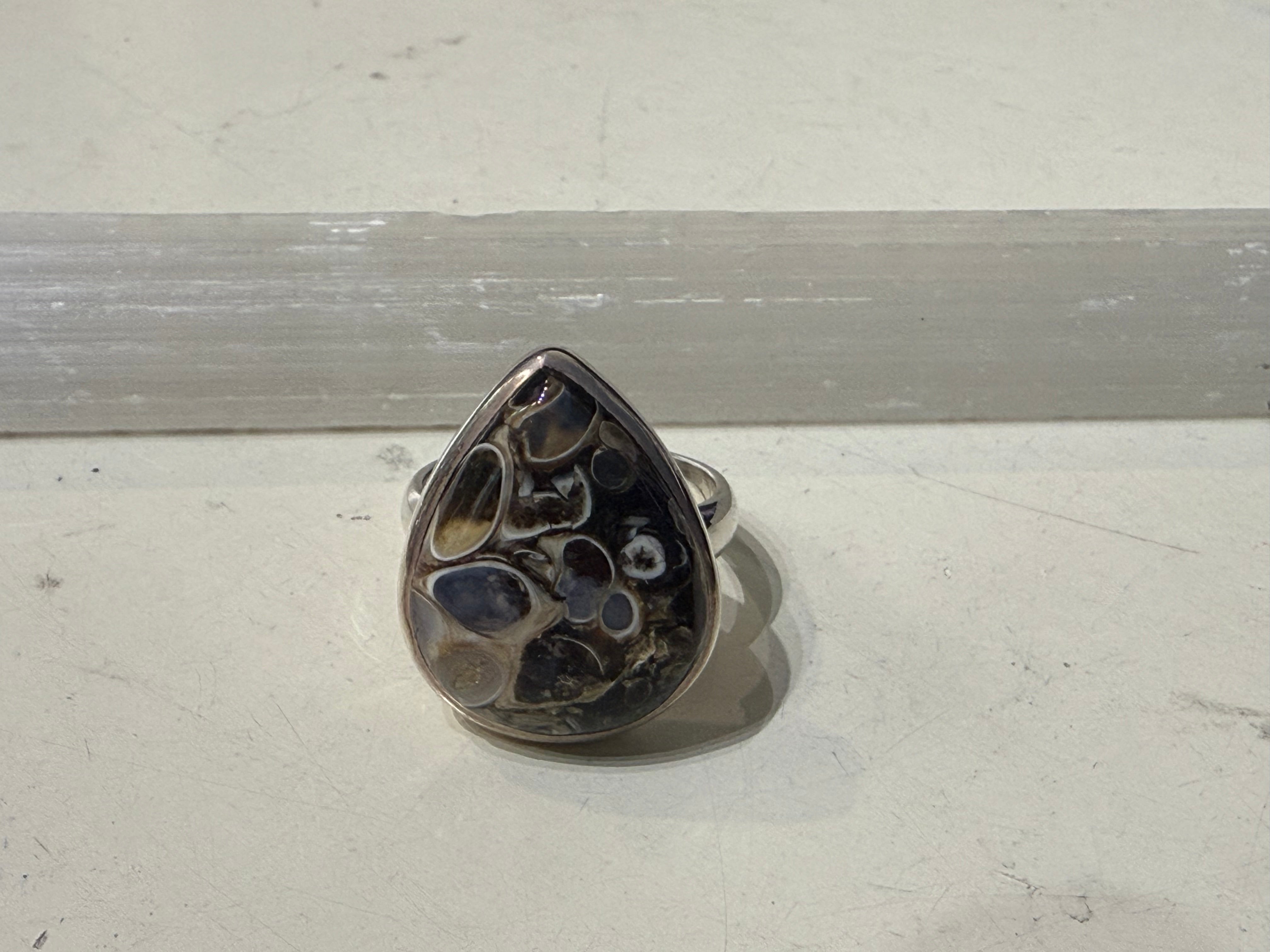 Turtella Jasper Ring, size 8

A whisper of ancient earth and ocean, Turtella Jasper carries the fossilized memory of life itself. Crystal Wellness